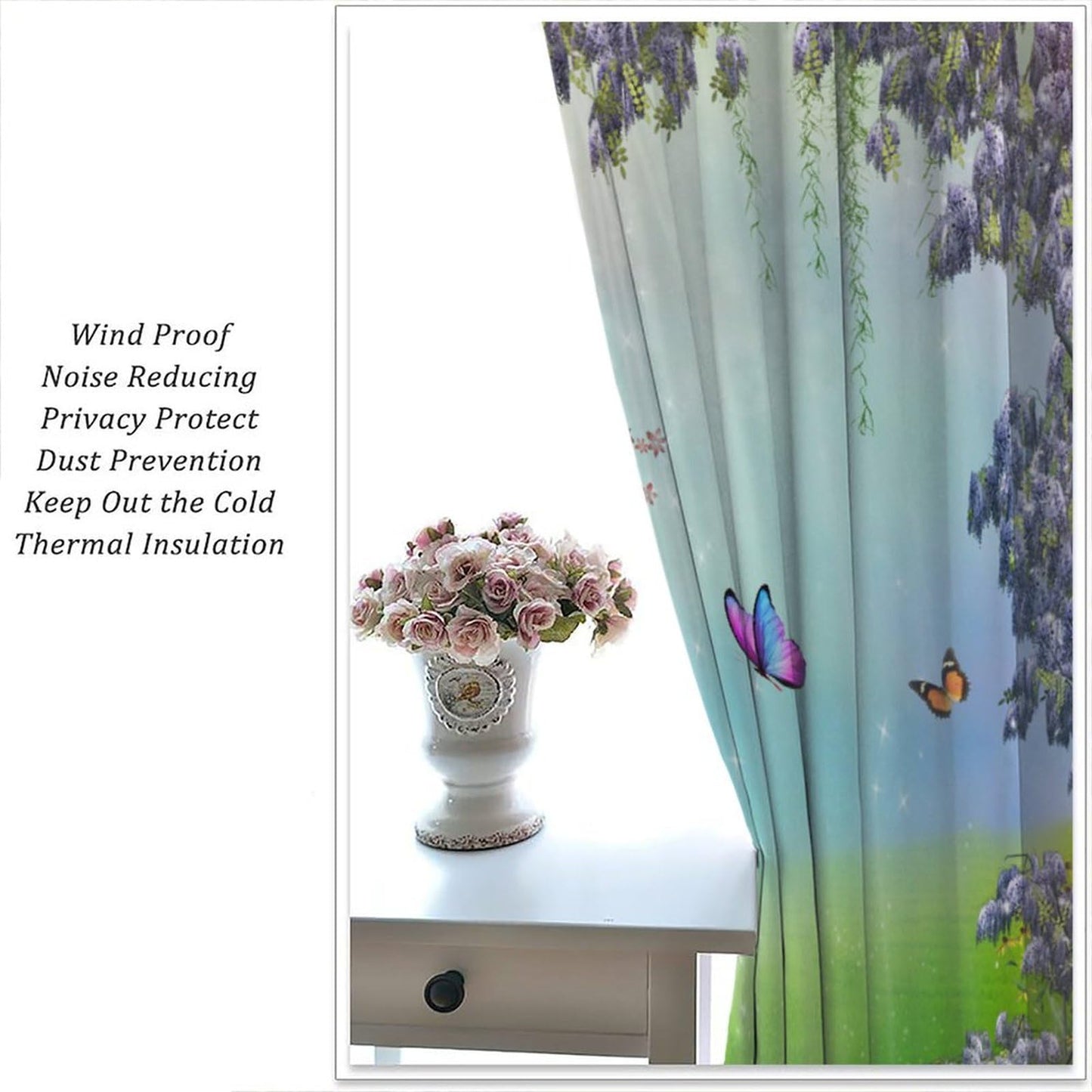 DDCBNS Fantasy Nature Windows Curtains,Magical Forest Plants Flower Window Treatments for Bedroom Living Room Dream Garden Butterfly Drapes 2 Panels Set,Total Size 42 x 45 Inch