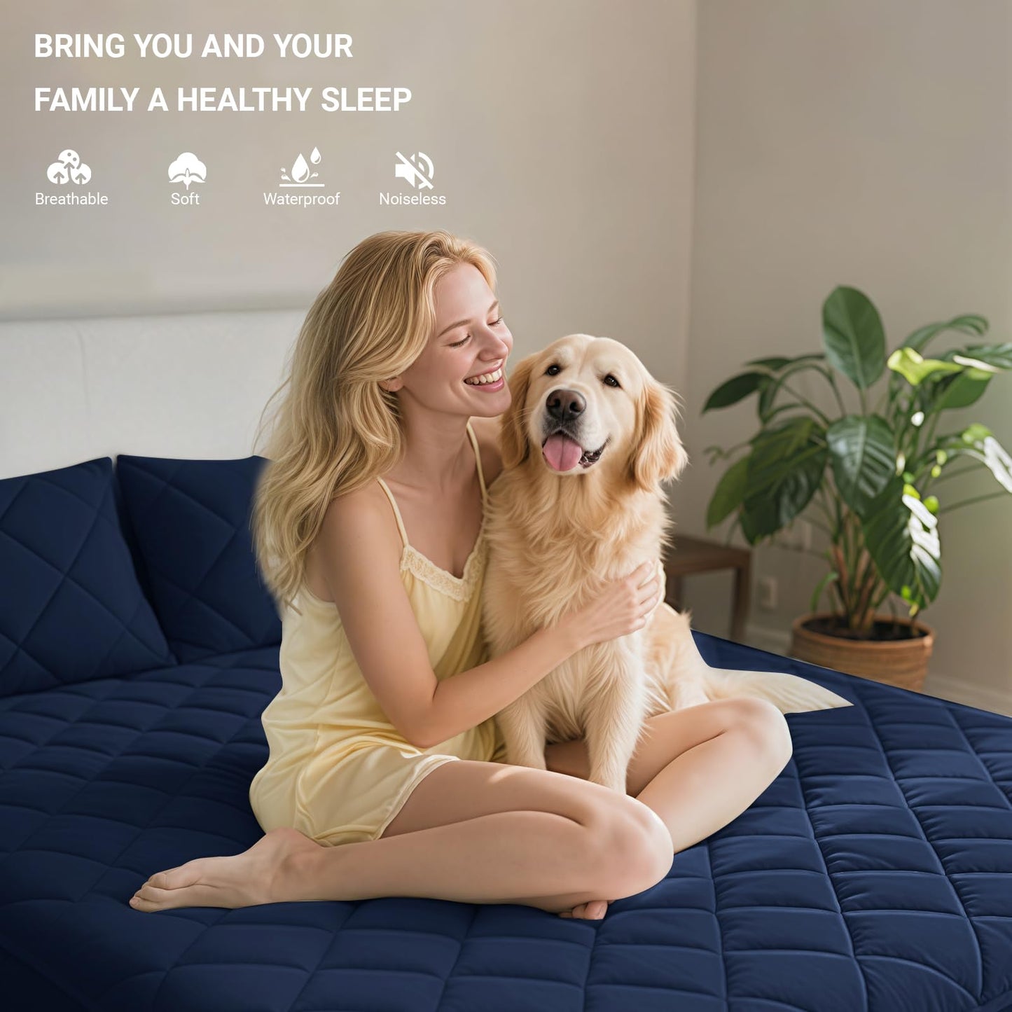 Queen Mattress Protector,Waterproof Mattress Protector Fitted Up to 16" Deep Pocket, Soft Breathable Bed Mattress Cover for Bedroom,Doom Room,(Navy Blue)