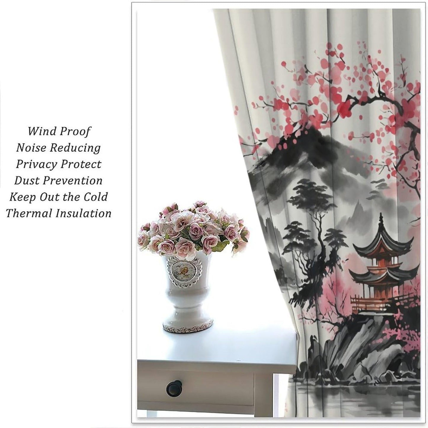 YSWOW Japanese Curtains, Asian Cherry Blossom Landscape Japanese Animation Art Printed Window Drapes for Bedroom Living Room Kitchen Decor Fabric 2 Panel 42x45 Inch 30% Shading Rate