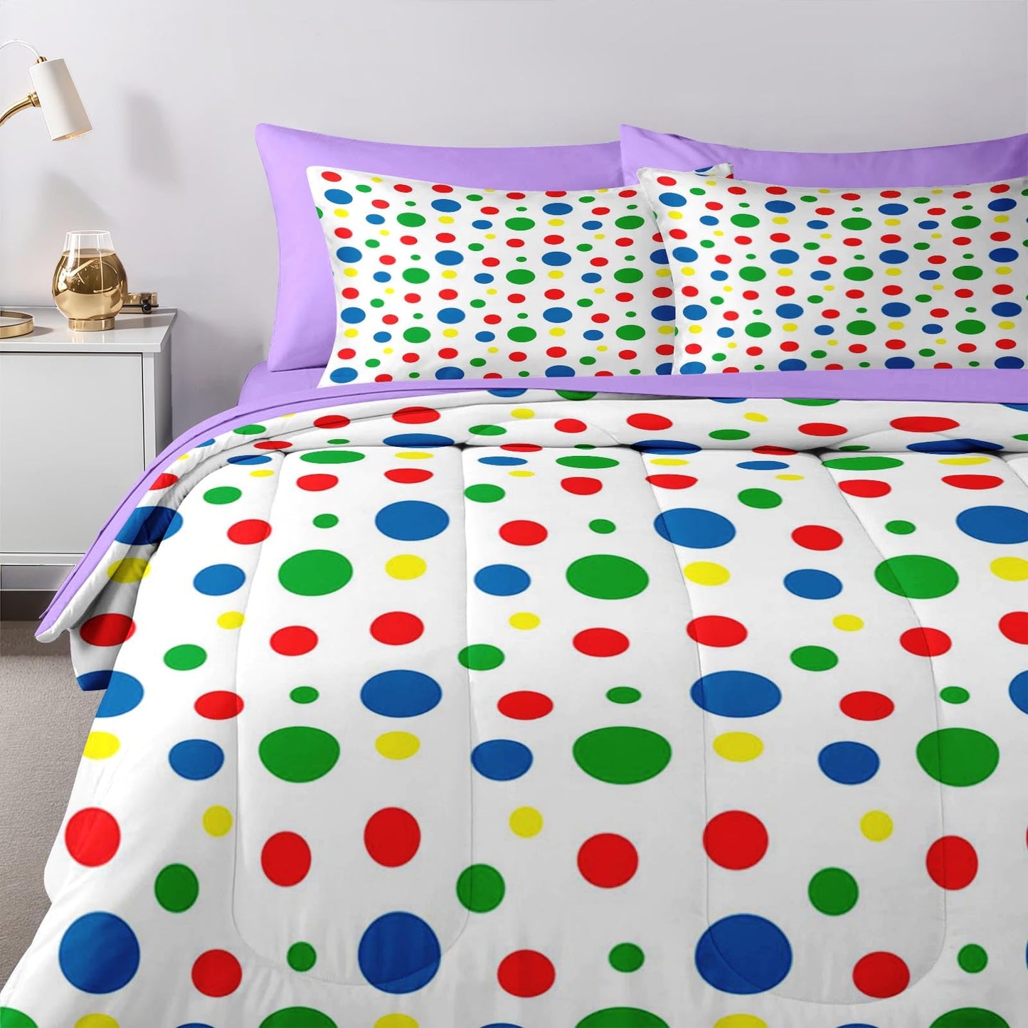 Nesker Comforter Set Queen Size, Rainbow Green Red 7 Pcs Bedding for Kids and Adults, Blue Yellow Polka Dot Bed Sheet Sets with Fitted Sheet 2 Pillowcases & 2 Shams