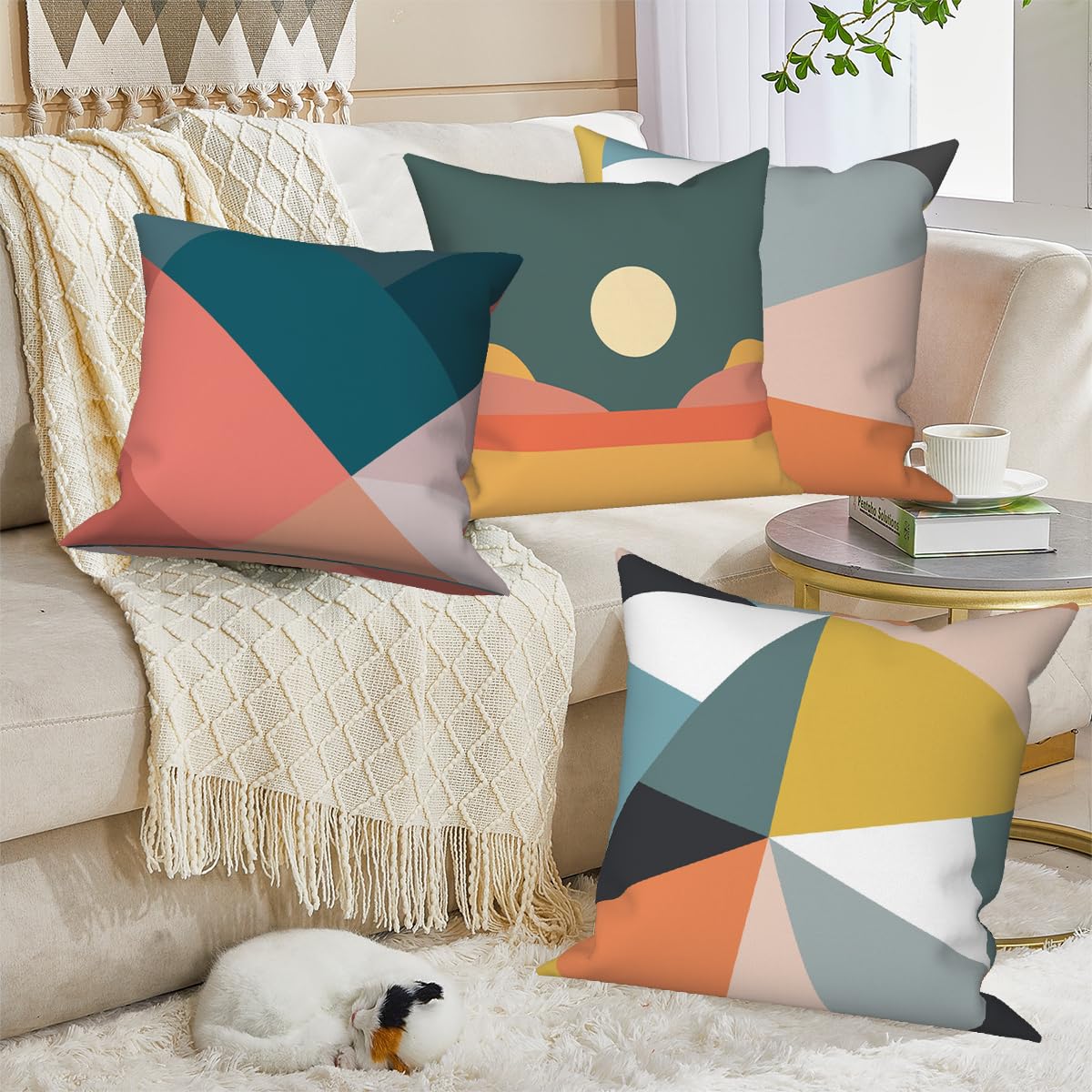 Vie Savaran Geometric Throw Pillow Covers Colorful Geometry Strip Patchwork Sun Abstract Mid Century Modern 18x18 Set of 4 Linen Cushion Covers for Outdoor Couch Sofa Bedroom Patio Livingroom Garden