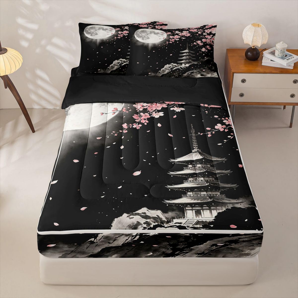 Feelyou Cherry Blossom Zipper Bedding for Kids Full Size Japanese Anime Bed in a Bag with Sheets, Comforter, Pillowcases Flower Floral Comforter Set for Boys Girls Bedding Sets Durable