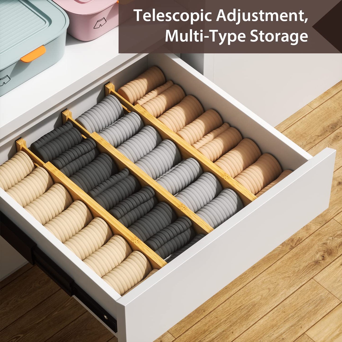 DUCOO 4 PCS Drawer Divider, 17"-22" Adjustable Bamboo Drawer Dividers Organizers, Expandable Separators for Kitchen, Clothes, Dressers, Home, Office