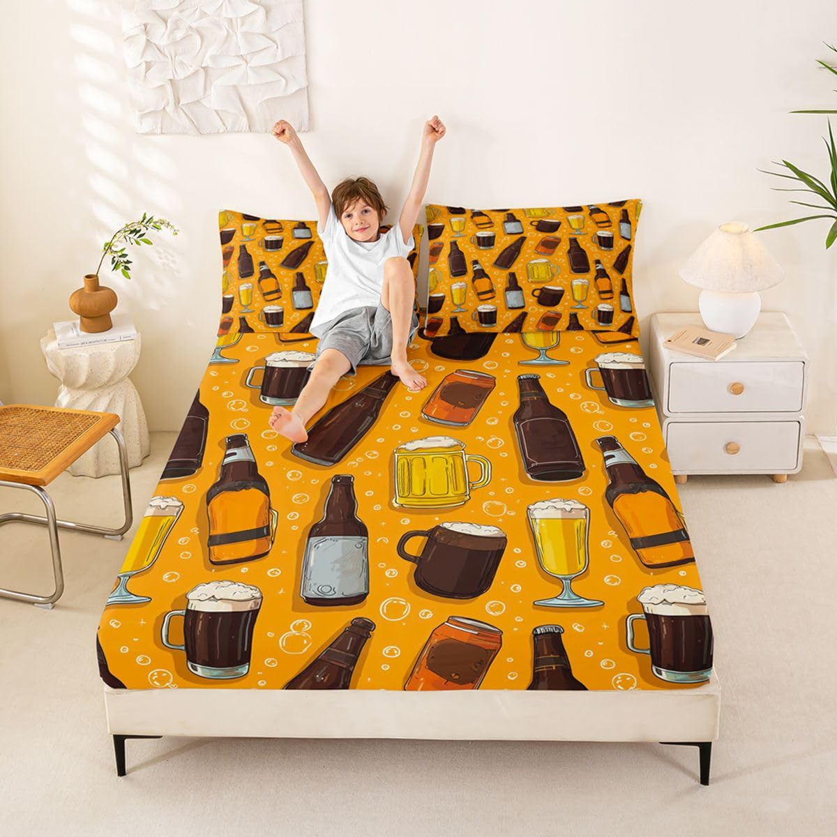 Beer Theme Fitted Sheets Full Size (No Flat),Beer Bottle and Glass Print Bedding Set 3Pcs,Kids Teens Woman Room Decor,Cheers Bed Sheet Drinking Beer Deep Pocket Sheet,2 Pillowcases