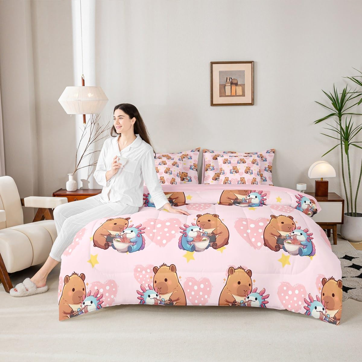 Erosebridal Girls Cute Capybara 7 Pieces Bedding Set, Axolotl Bed in a Bag Full, Capybara Feeding Noodles to Salamanders Pink Comforter Set with Sheets, Star Polka Dot Love Heart Bed Sets
