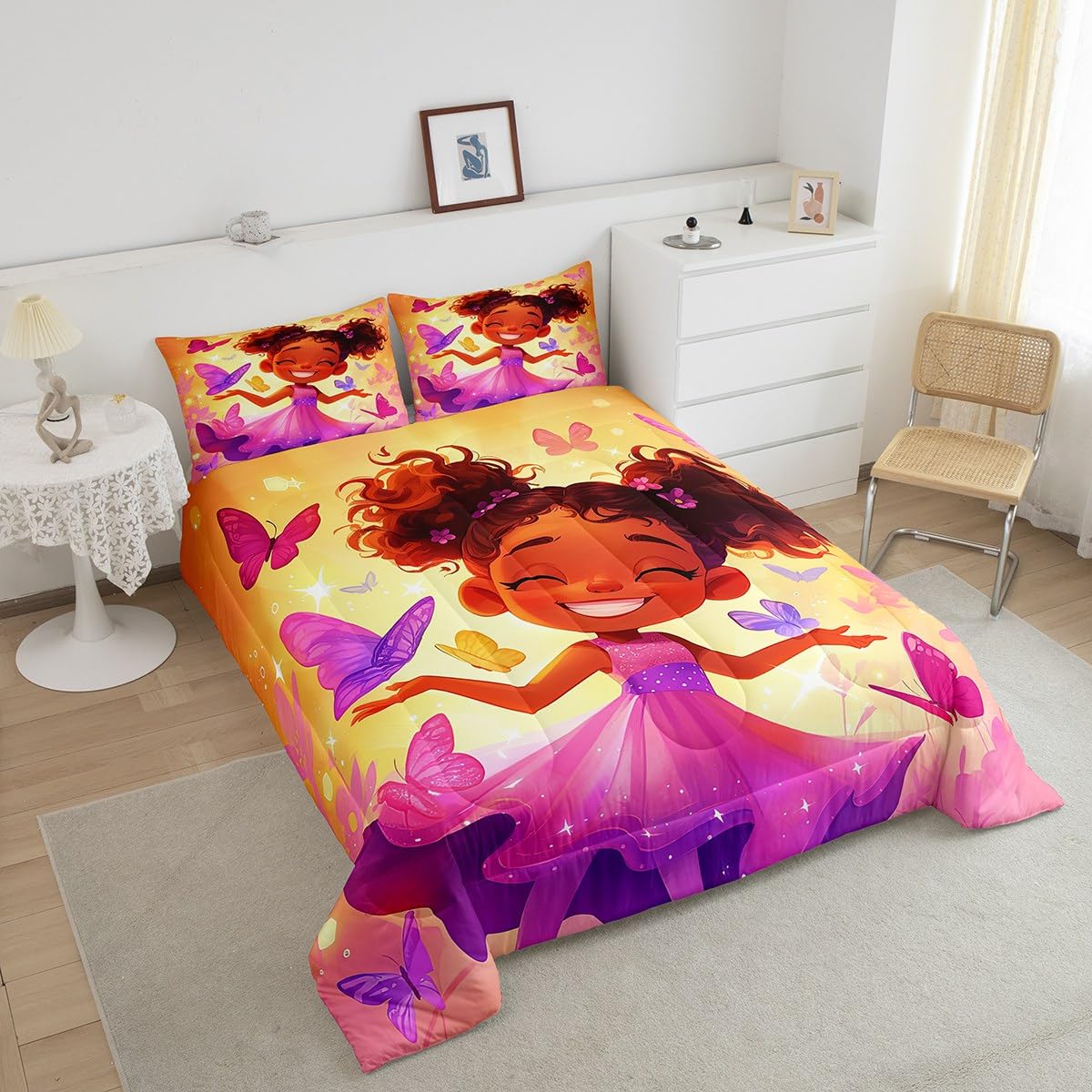 Erosebridal Black Girls Bedding Set Afro Girl Twin Comforter Set for Girls,American African Princess Magical Quilt for Toddler Kids Teenager,Dreamy Butterfly Kawaii Room Decor