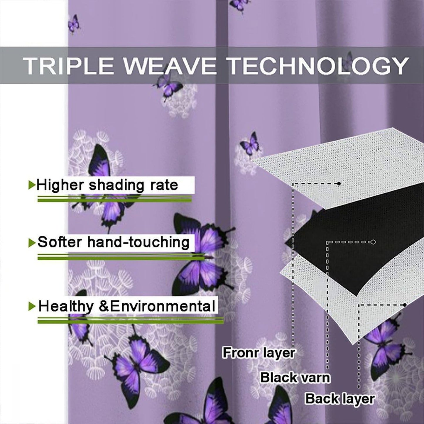 Butterfly Curtains for Girls Bedroom Decor Purple Art Printed Blackout Window Drapes for Living Room Kitchen Decor Fabric Set 2 Panel 42x45 Inch 30% Shading Rate