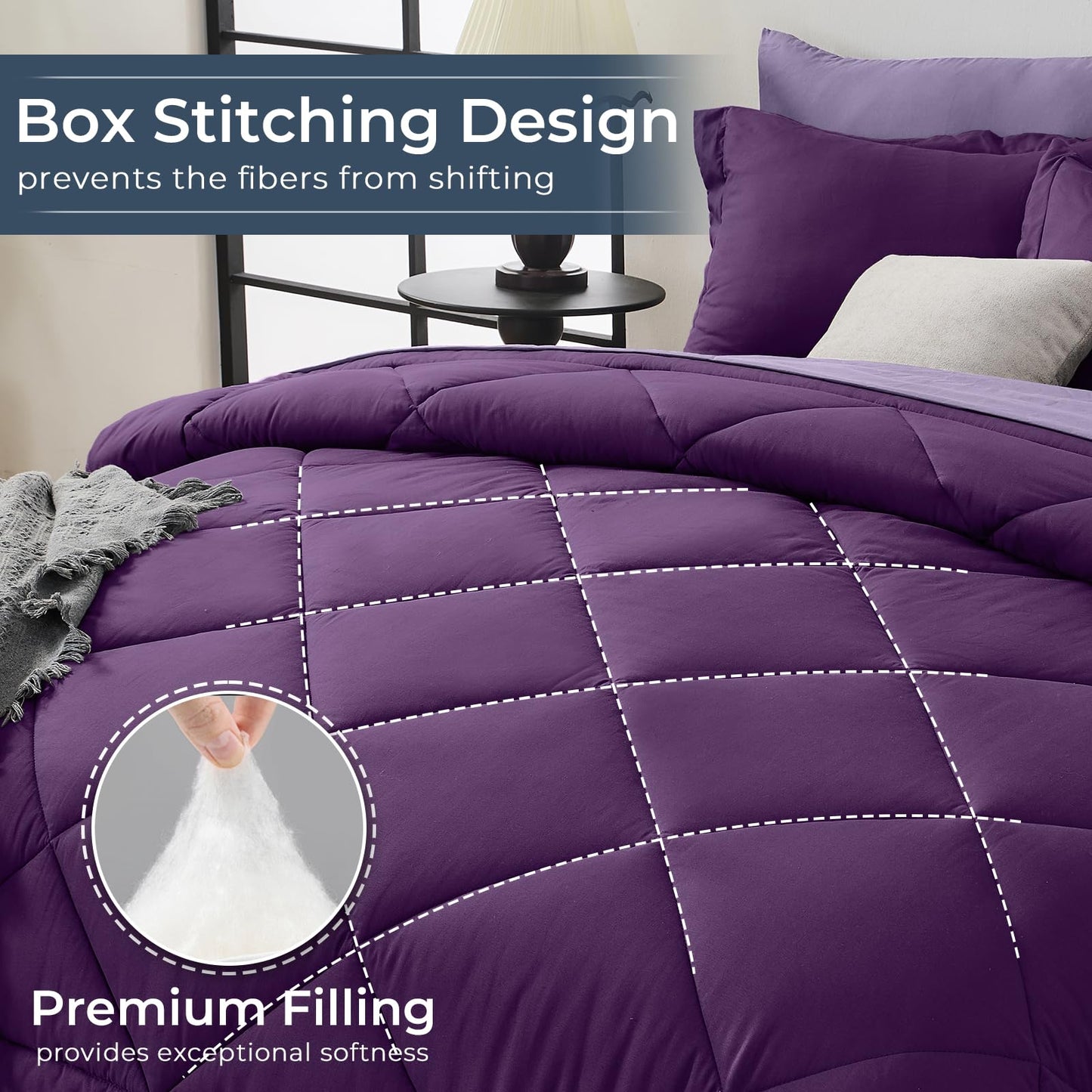 HEVUMYI Purple & Light Purple Queen Comforter Set - 7-Piece All Season Bed in a Bag Queen, Ultra Soft Bedding Set with Comforter, Flat Sheet, Fitted Sheet, Pillowcases, Pillow Shams