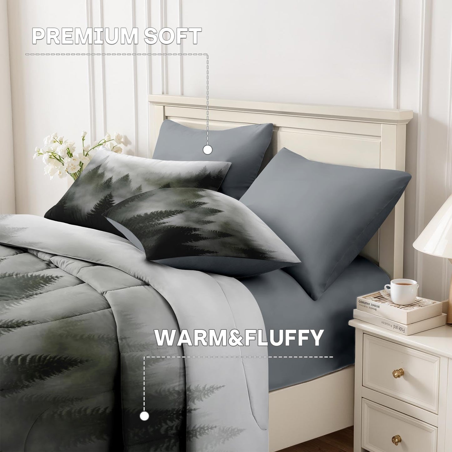 Nesker Comforter Set Full Size, Tree Mountain Forest 7 Pcs Bedding for Kids and Adults, Wood Fog Pine Bed Sheet Sets with Fitted Sheet 2 Pillowcases & 2 Shams