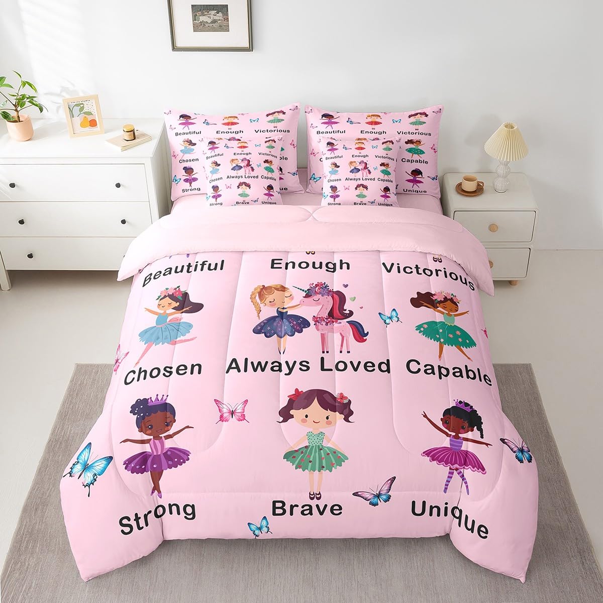 Erosebridal 7 Piece Girls Pink Princess Kids Comforter Set King Bed in a Bag,Ballet Bedding Set,Dancing Girls Inspirational Duvet Insert,Dreamy Princess Style Sheet Set,Butterfly Unicorn Quilt