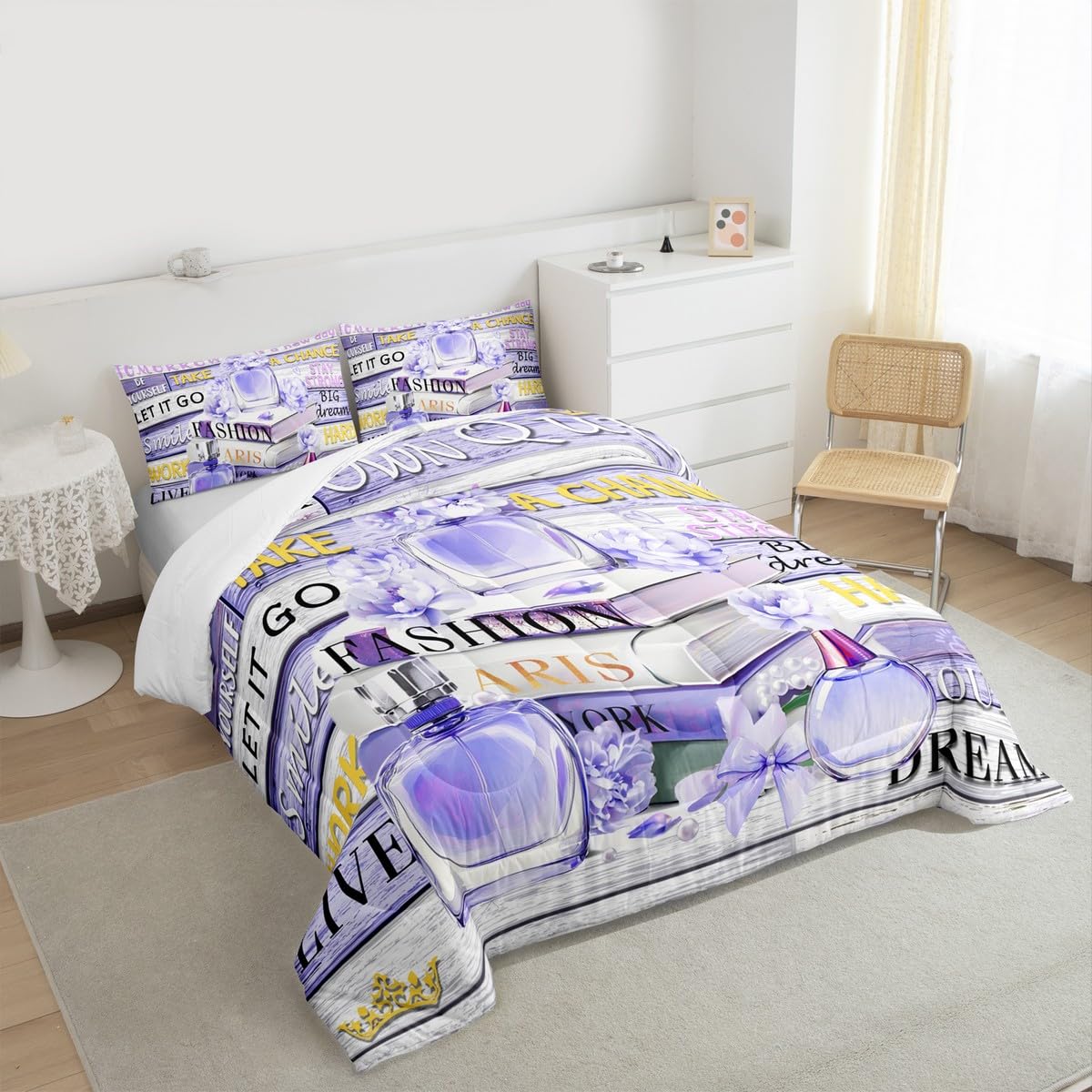 Erosebridal Blue Purple Fashion Floral Comforter King Size for Girls Women Girly Fantasy Aesthetic Modernas Bed Set Boho Funny Cute Paris Bedding Perfume Preppy Dreamy Blueviolet Bow Quilt
