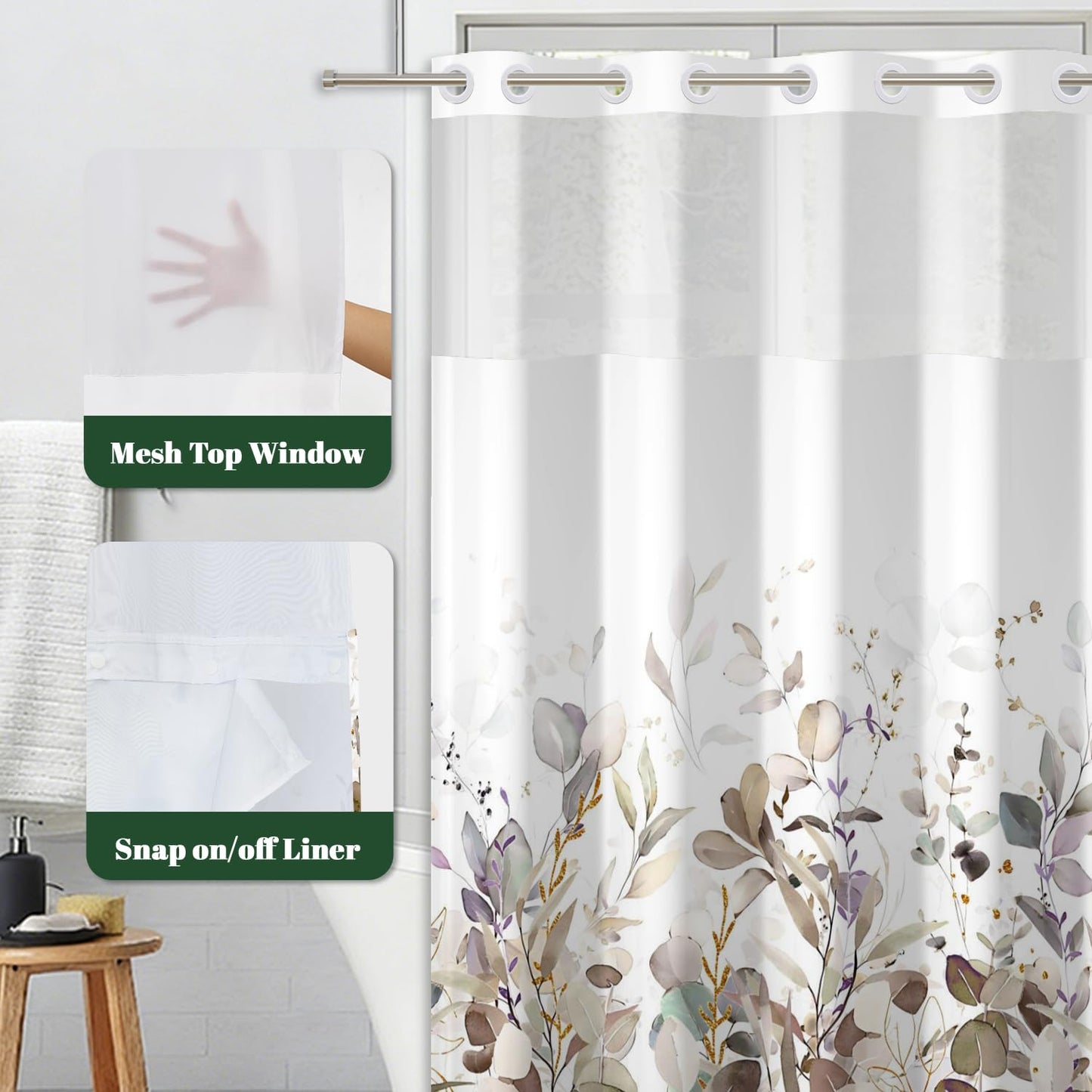Xiazhilaio Watercolor Botanical Leaf Shower Curtain with Snap in Liner - Waterproof Double Layer Bath Curtain with Mesh Top Window for Airflow, Boho Farmhouse Eucalyptus Bathroom Curtain, 71″W x 74″L