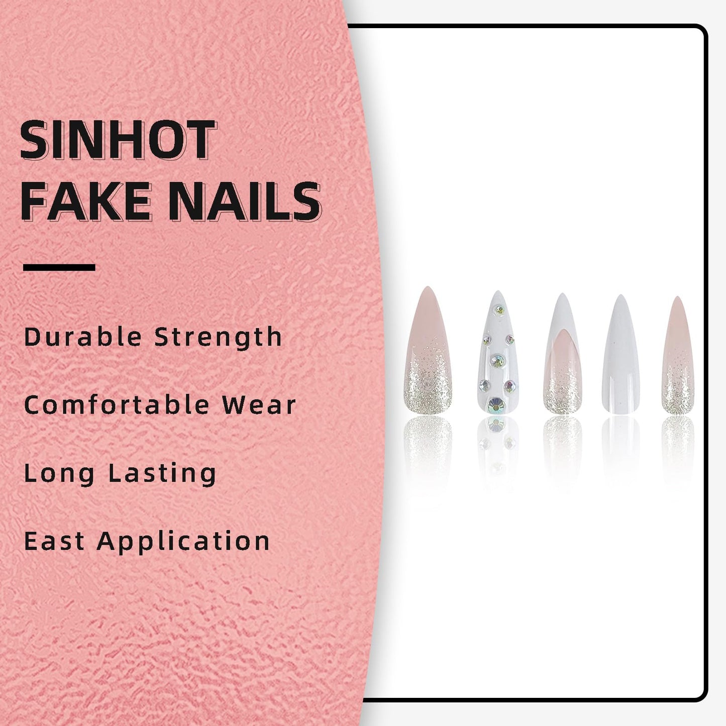SINHOT Rhinestones Long Stiletto Fake Nails - Glossy Glue on White French Tip Acrylic Pink Almond Artificial Sparkly Glitter Stick on False Nails with Design 24 pcs