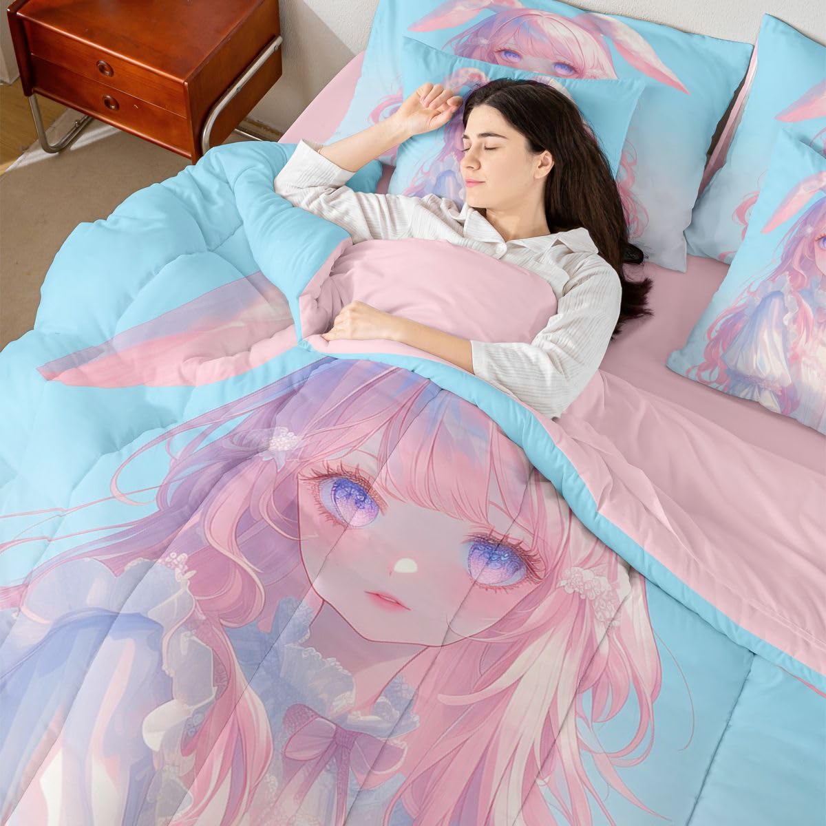 Erosebridal 3D Anime Girl Bedding Set,Japanese Girl Bed in A Bag Cartoon Anime Twin Comforter Set 7 Piece for Kids Teen Women Room Decor,Pink Kawaii Rabbit Doll Blue Bed Set
