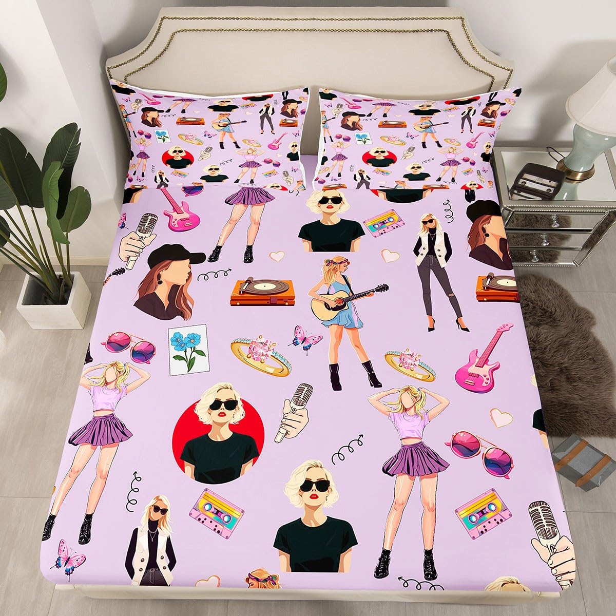 jejeloiu Music Bedding Set Full Size Girls Singer Bed Cover Gifts for Women Music Lovers Girly Guitar Bed Sheets Coworker Sister Friends Deep Pocket Fitted Sheet Purple Room Decor (No Top Sheet)