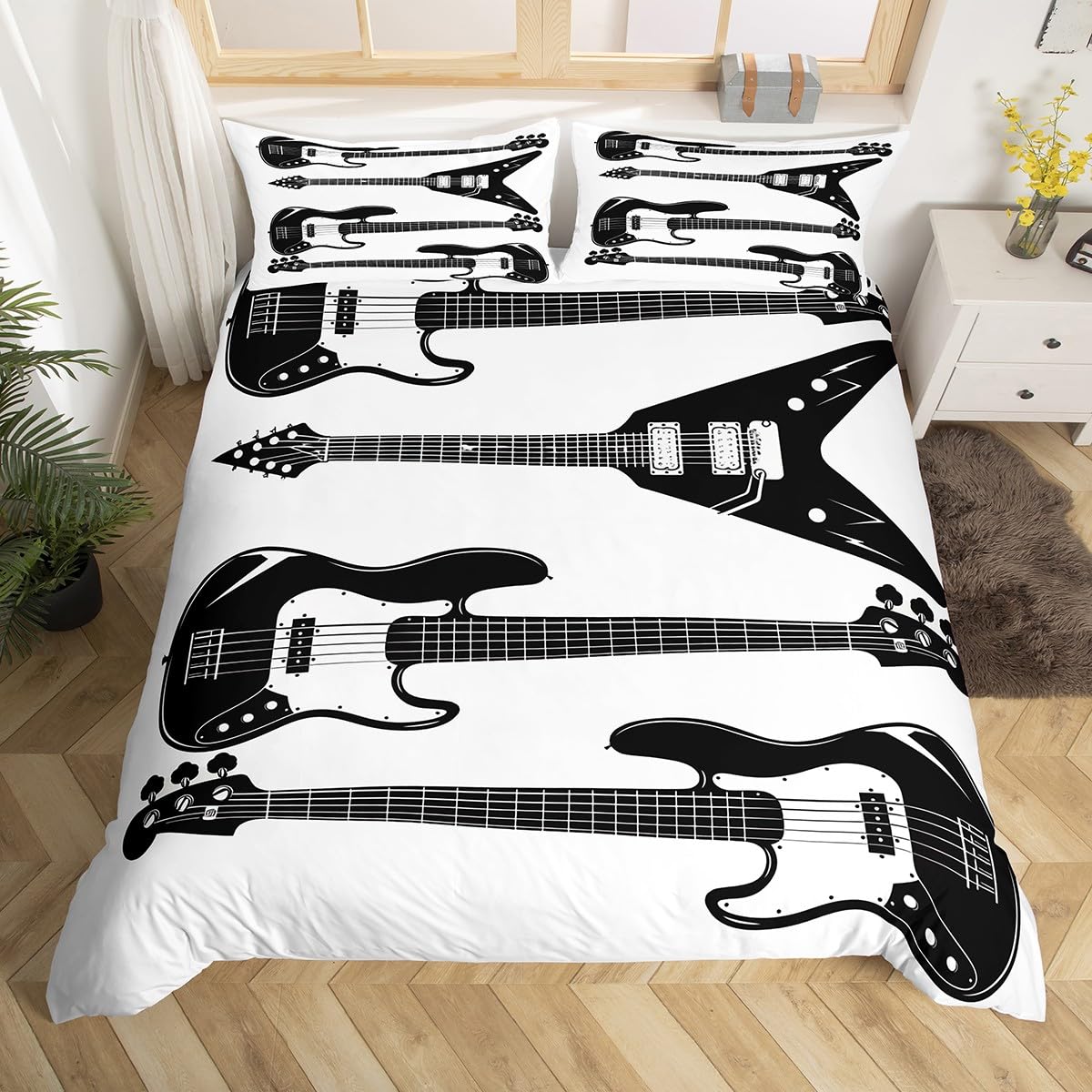 Feelyou Music Comforter Cover for Teens,Black and White Electrical Guitars Hippie Hipster Fashion Cool,Decorative 3 Pieces Bedding Set Queen Size(1 Duvet Cover Set & 2 Pillow Shams),Zipper