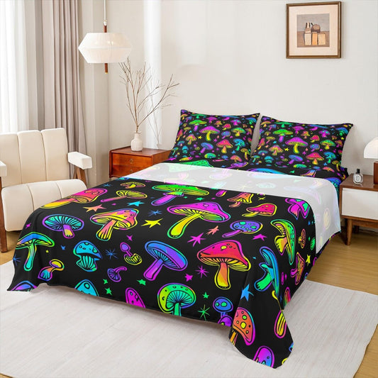 Cute Mushroom Bed Sheets King,Purple Teal Mushrooms Sheet Set for Kids Girls Teens Women,Hippie Botanical Bedding Set Colorful Wild Plants Stars Decor Fitted Sheet + Flat Sheet + 1 Pillow Case