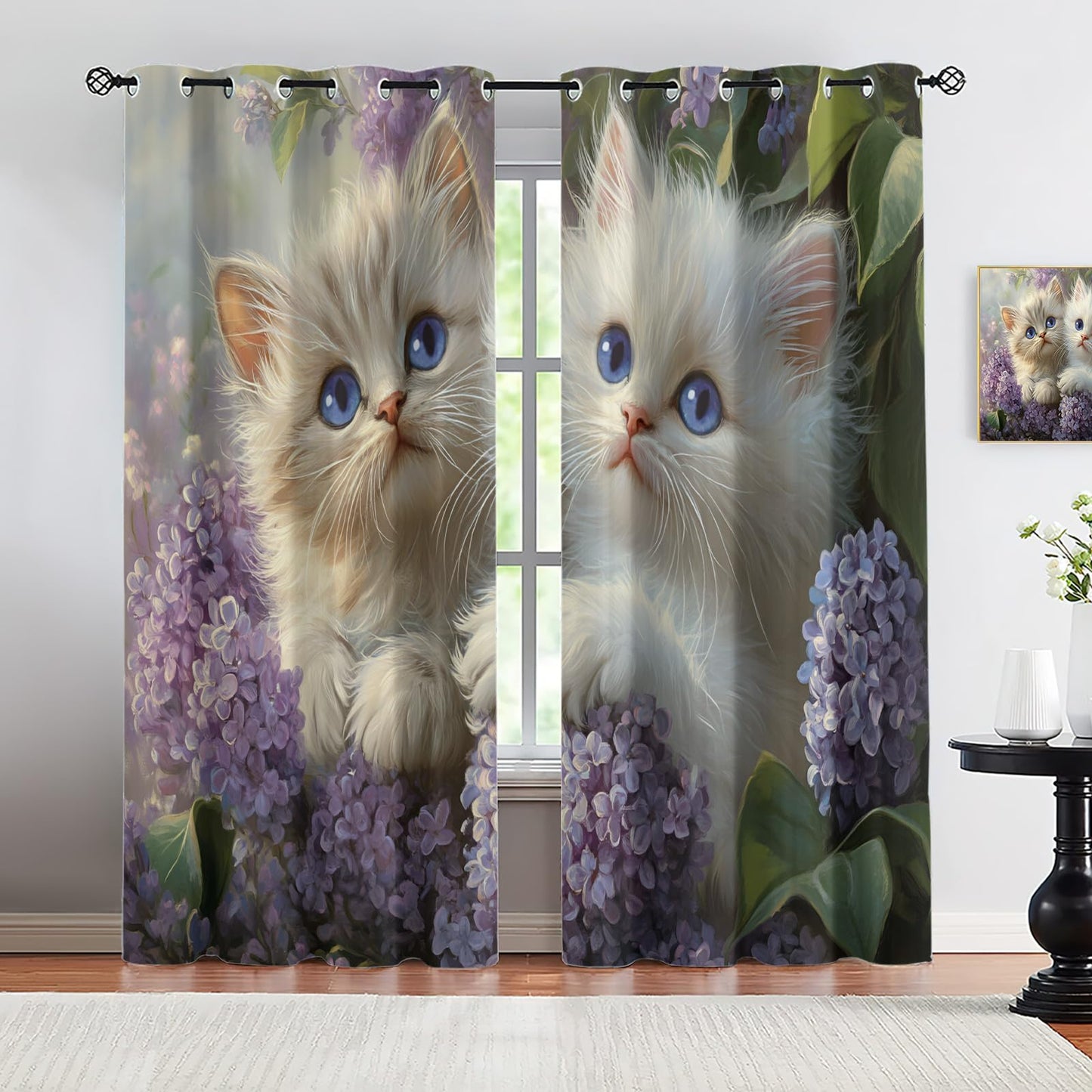 MPUTIE Cute Cat Blackout Curtains 72 inch Length, Kitten Window Treatments for Bedroom, Grommet Thermal Curtains for Kitchen, Floral Animal Drapes, Cat Room Decor, 2 Panels