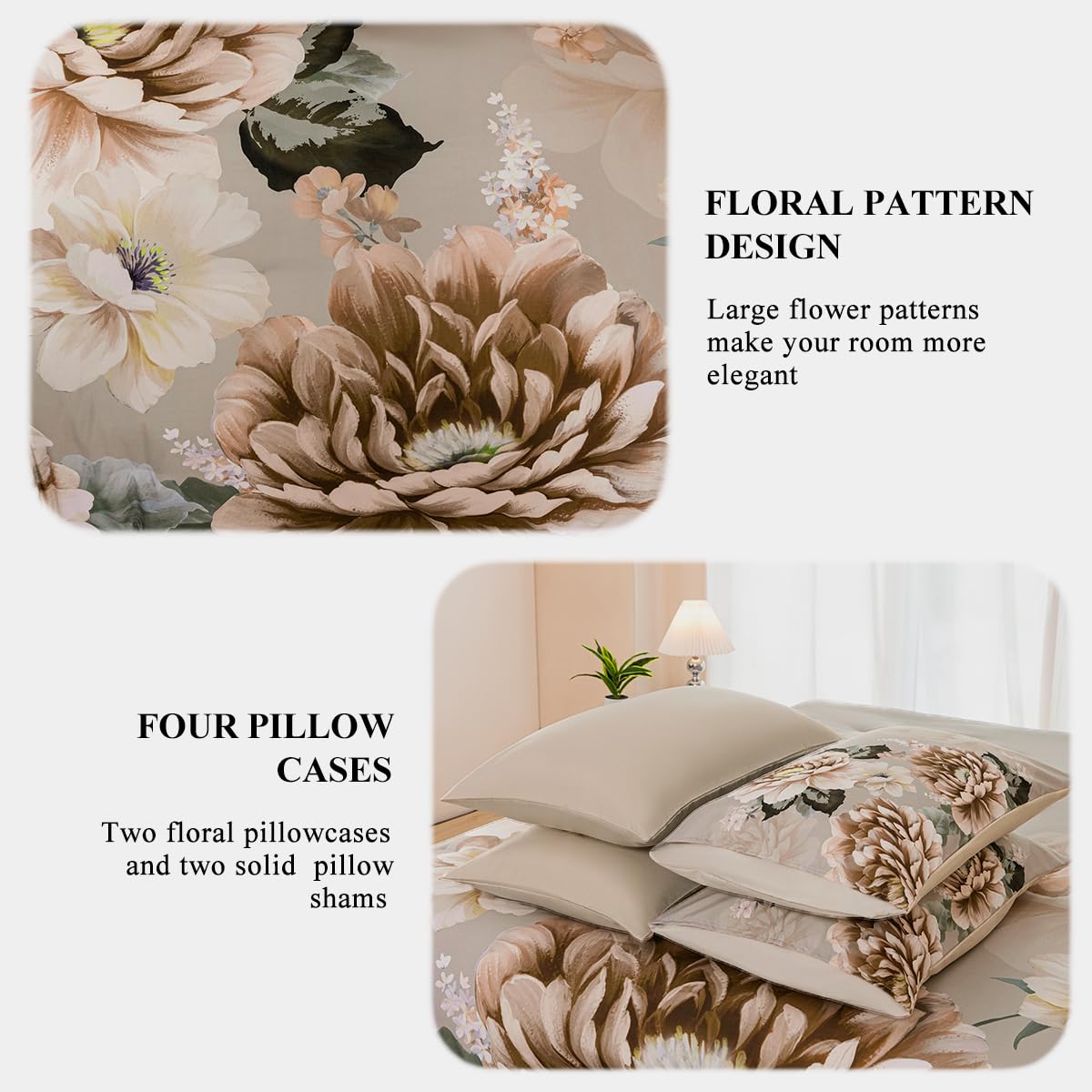 ZSYAYAHA Queen Bed Comforter Set Khaki Floral Bedding Sets Floral Bed Sets for Women Gorgeous 7 Pieces Bed in A Bag with Peony Pattern(Khaki, Queen)