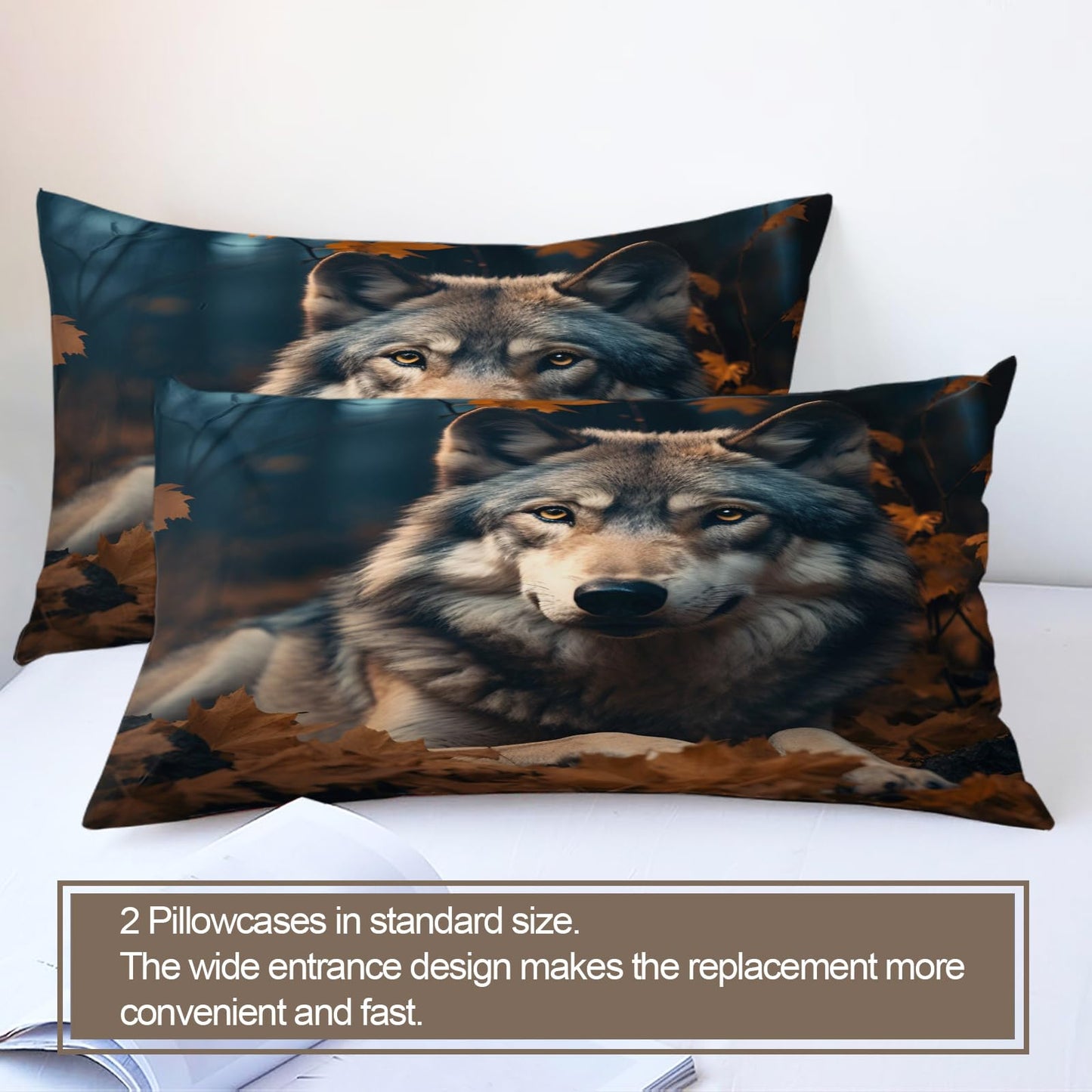 Wolf Duvet Cover Queen Size - Autumn Wolf Home Decor & Gifts, 3 Piece Back to School Dorm Bedding, Easy Care Microfiber Comforter Cover & Pillowcases, Wild Animals