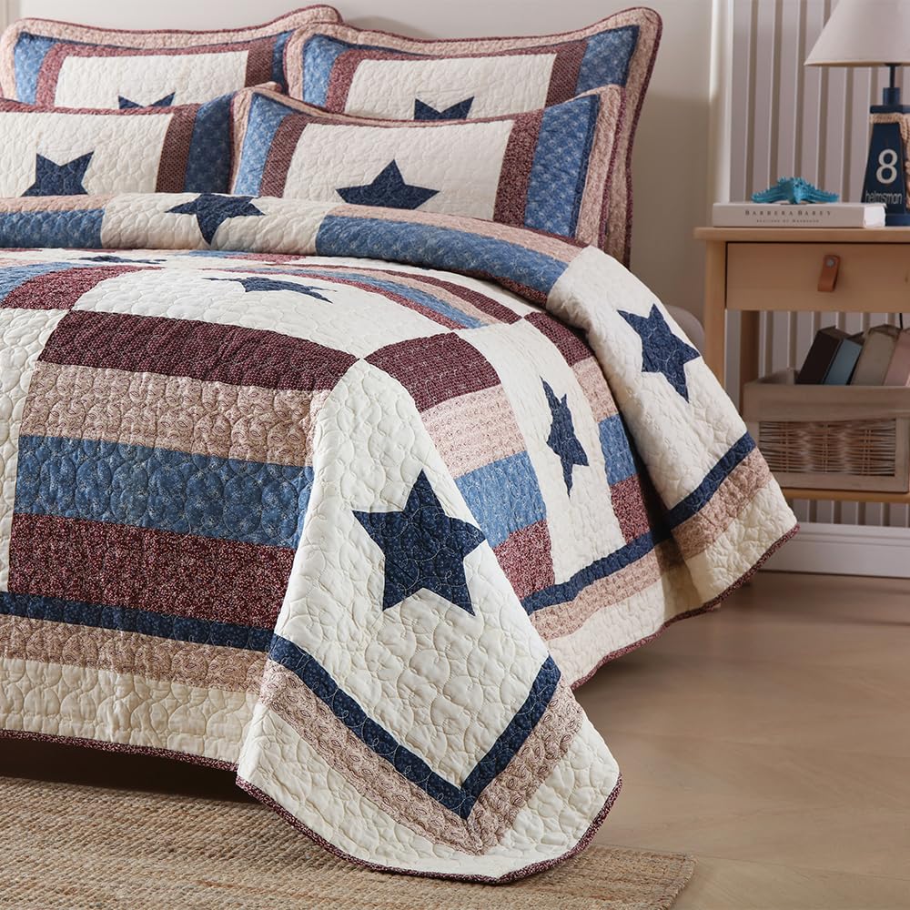 VISIMISI Cotton Bedding Quilt Sets 3 Pieces Reversible Coverlet Sets All Season Boys Real Patchwork Bedspread, MediterraneanStar Pattern,King Size