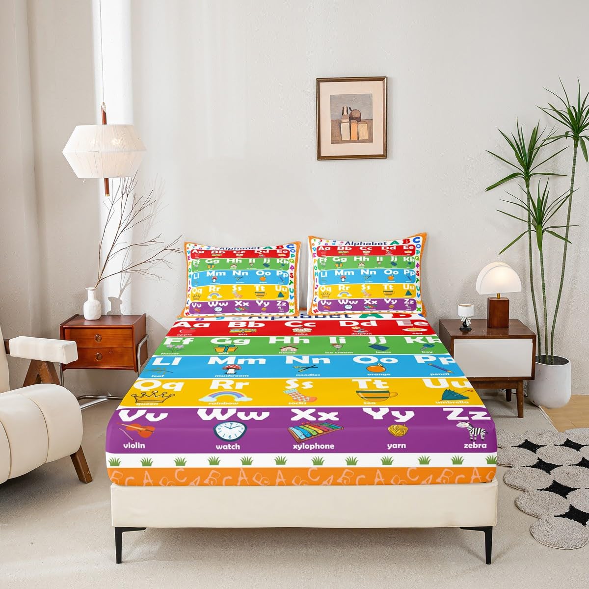 ABC Alphabet Bed Sheet Set Twin Size, Learning Alphabet Fitted Sheet Kids Toddler Educational Bedding Set Word Educational Bed Cover (1 Pillow Case and a Fitted Sheet)