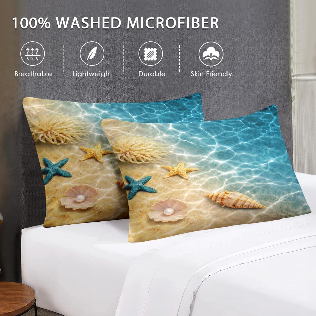 WeCozy Queen Size Comforter Set with 2 Pillowcases, Summer Marine Seashell Starfish Beach Ocean Soft 3 Pcs Bedding for Kids and Adults Bedroom Bed Decor