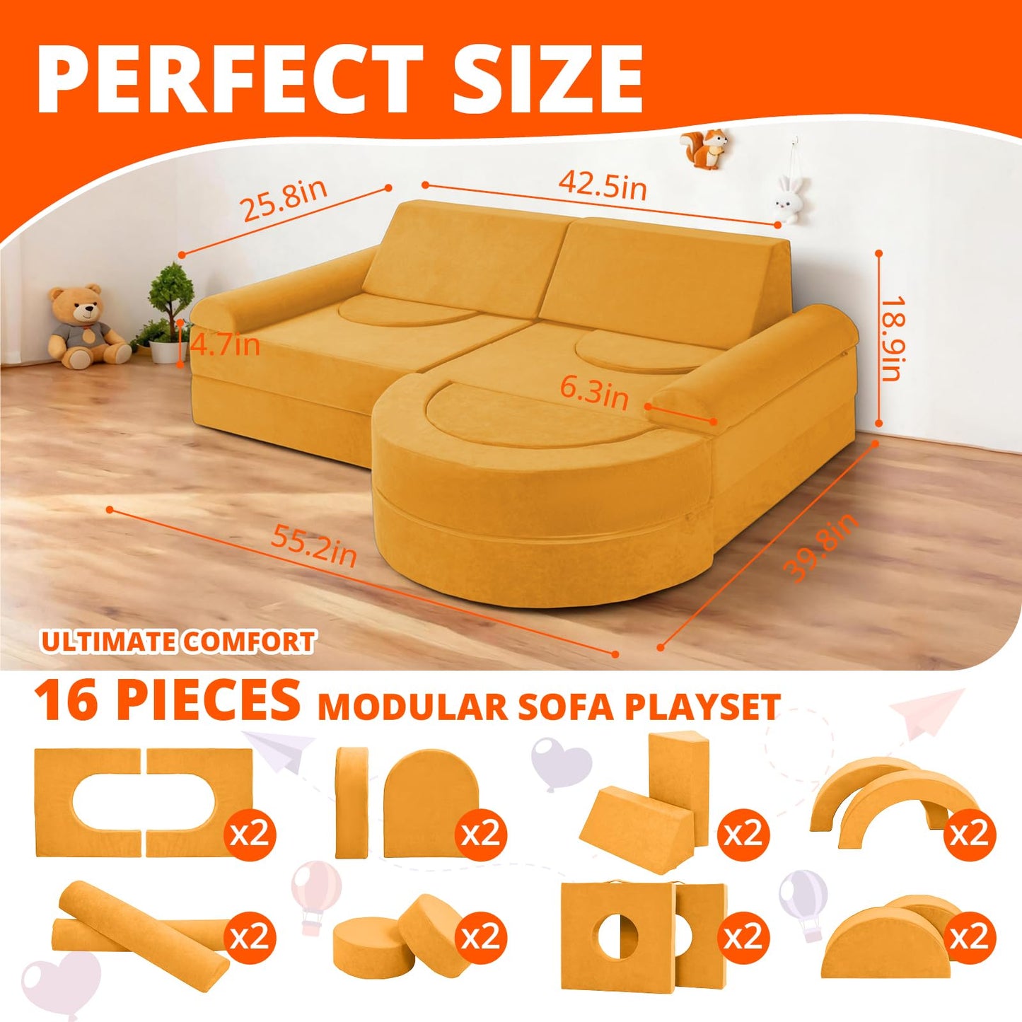 Fvkind 16pcs Modular Kids Play Couch, Creative Kids Couch for Playroom and Bedroom, Modular Toddler Sofa Building Fort, Convertible Foam Sectional Toddler Sofa for Boys and Girls, Yellow
