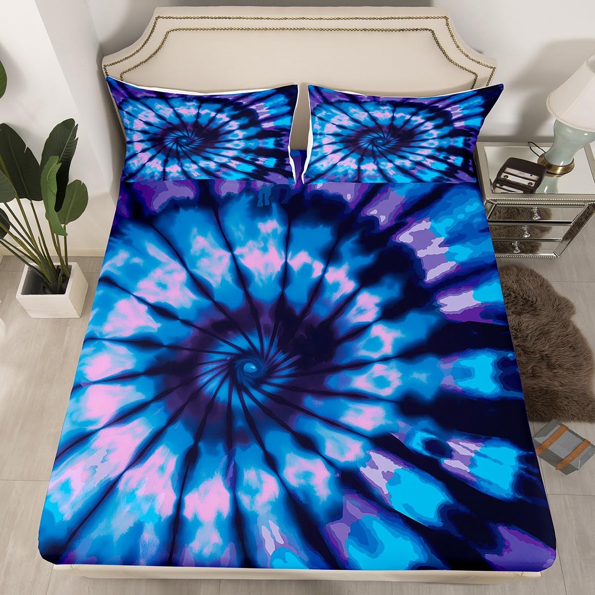 Purple Tie Dye Bed Sheets Blue Spiral Tie Dye Fitted Sheet, Hippie Bedding Sets Boho Bohemian Gypsy Hippie Bedding Decor Set 2 Piece, Abstract Printed Deep Pocket Fitted Sheet+1 Pillowcase,Twin