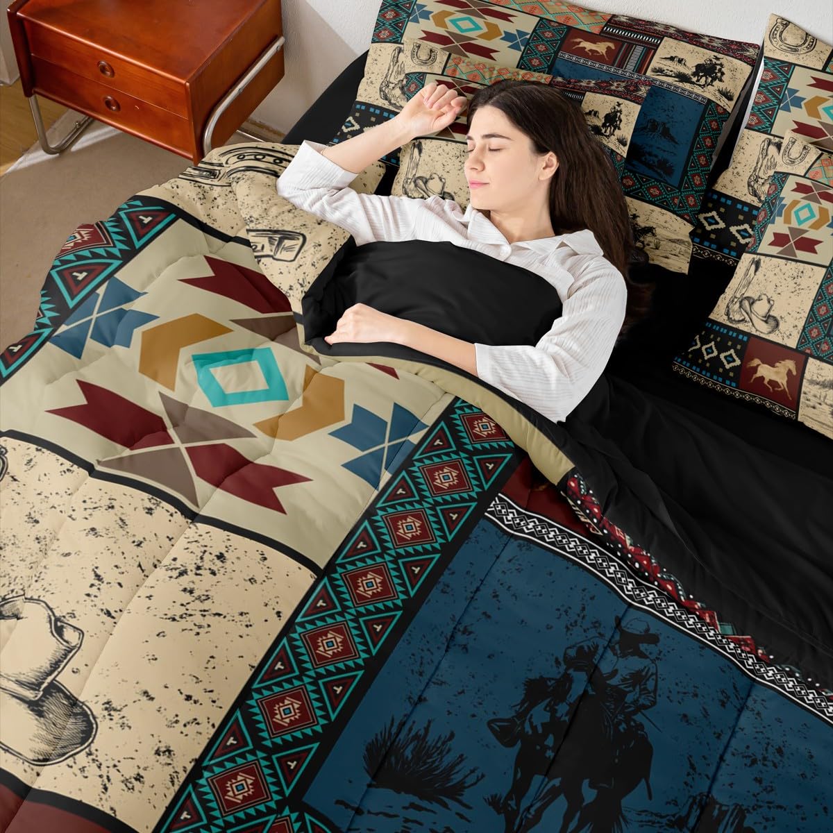 Erosebridal 7 Pieces Western Cowboy Bedding Set Full Size | Cowgirl Patchwork Southwestern Comforter Set for Kids Teens Adults Country Farmhouse Bed in A Bag Horse Rustic Cabin Bedding Collections