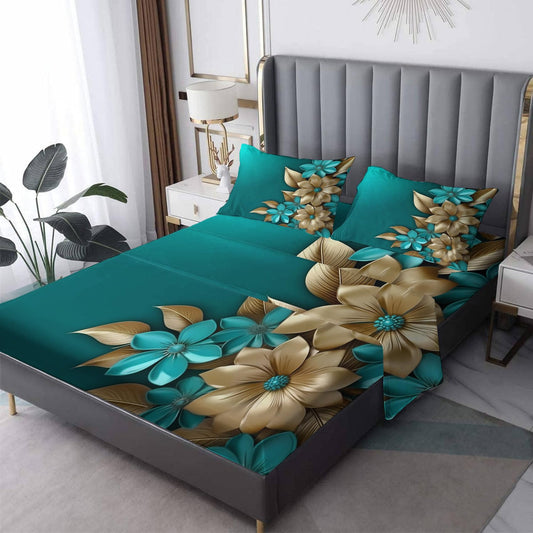 Turquoise and Gold Floral Sheets King Sheet Sets - Abstract Flower Bed Sheets, Soft Microfiber & Deep Pocket & Wrinkle Free Bedding Sheets & Pillowcases, 1 Fitted Sheet, 1 Flat Sheet, 2 Pillow Cases