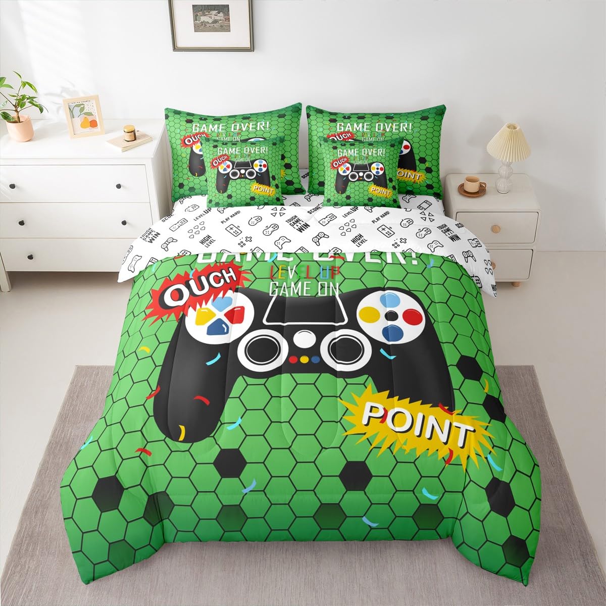 jejeloiu Gamer Comforter Set with Sheets 7 Piece Twin Size Gaming Bedding Set for Kids Boys Girls Game Room Decor Bed in a Bag Room Decor Soft Lightweight Microfiber
