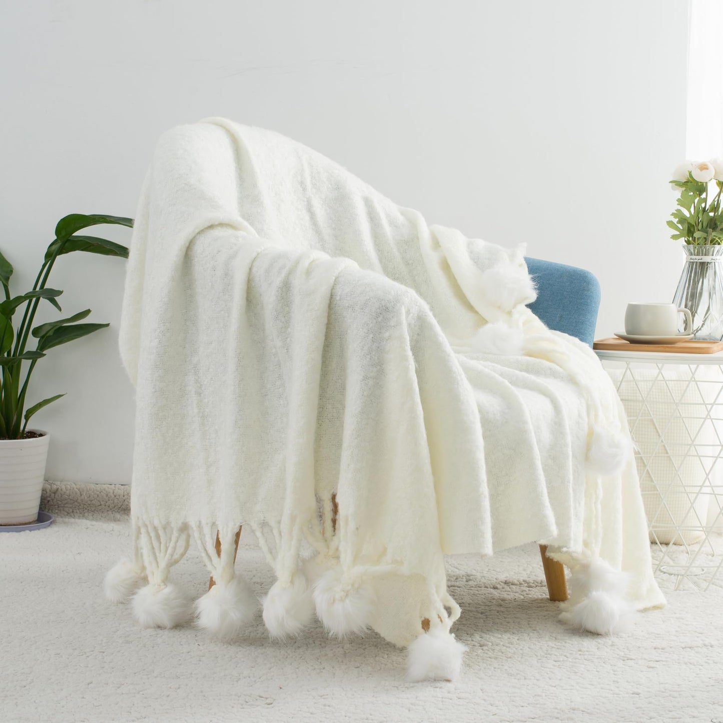 GINAMUSE White Pom Pom Throw Blanket for Couch, 60"X80" Soft Lightweight Knitted Farmhouse Decorative Blankets for Bed and Sofa