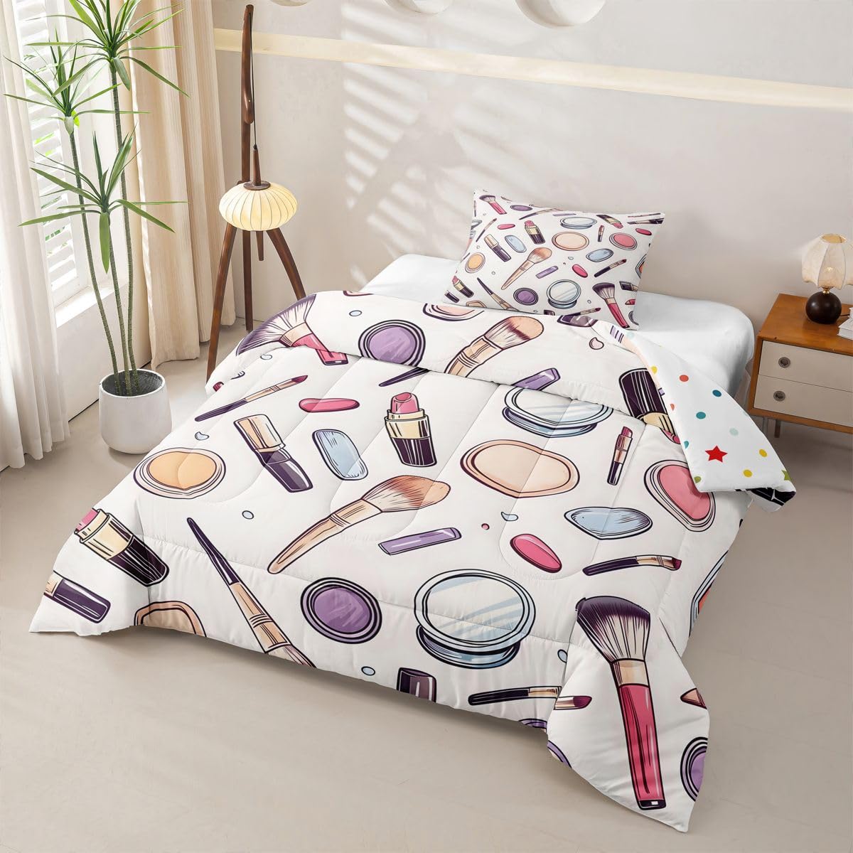 Erosebridal Cosmetics Perfumes Comforter Set Fashion Girl Twin Bedding Sets for Girls Kids Teens Child Makeup Pattern Comforter Nail Polish Decorative Quilt