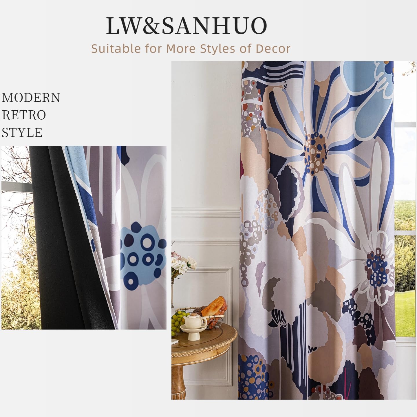 100% Blackout Curtains for Bedroom 84 inch Long 2 Panels Set Grommet Gray Blue Abstract Geometric Floral Patterned Black Out Curtains Room Darkening Window Drapes Treatment for Living Room, 52Wx84L