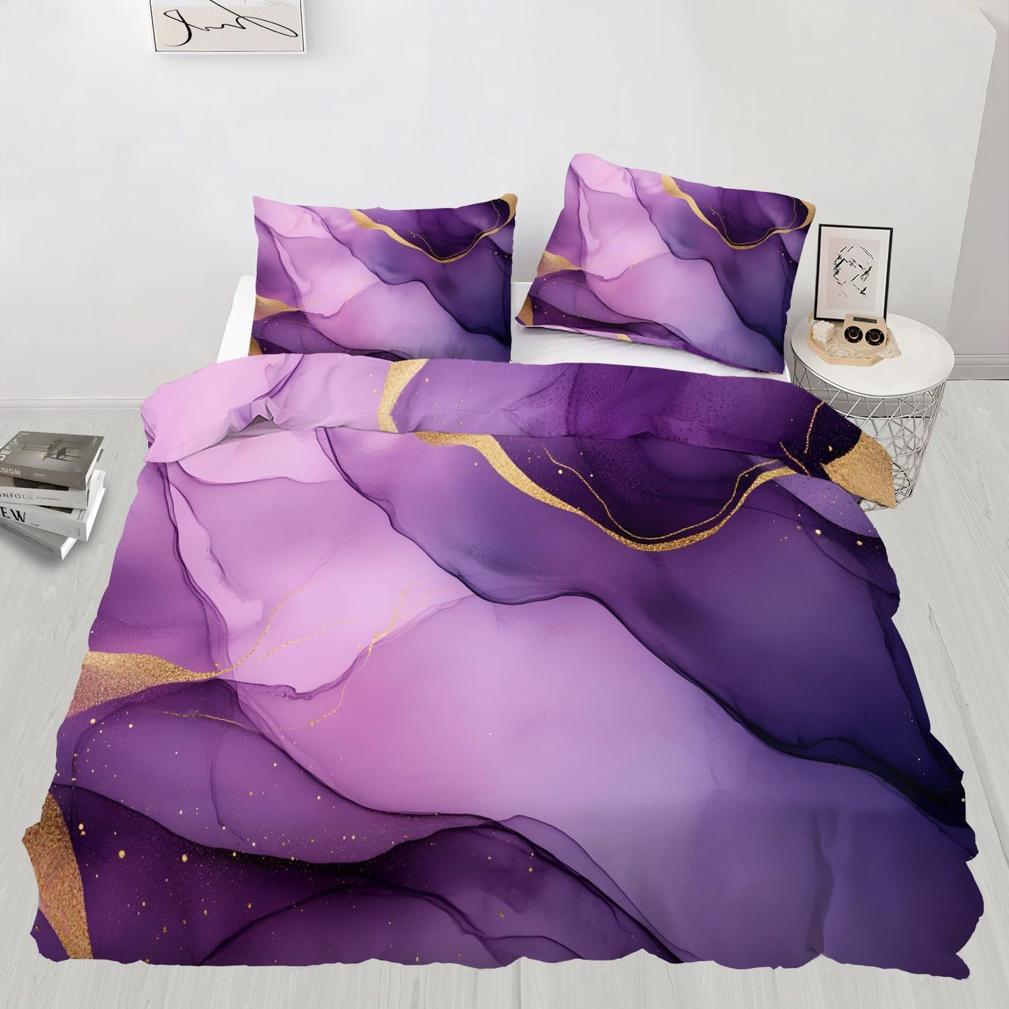 GKPLY Marble Bedding Sets - Alcohol Ink Pattern Duvet Cover Queen - Luxury Abstract Gold Comforter Cover with 2 Pillowcases & Zipper - 3 Pieces Purple Pink Bedding