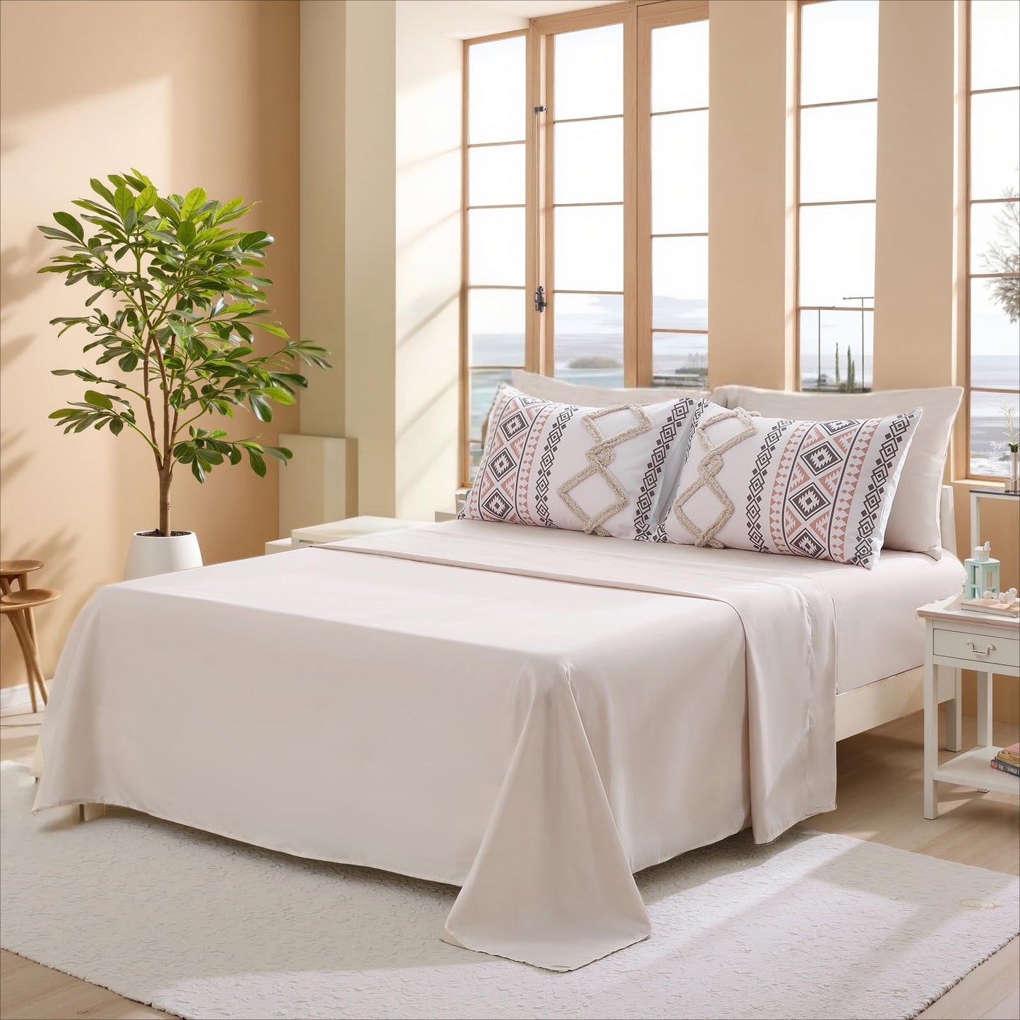 MOVE OVER Beige Tufted Comforter Set Queen Size 7 Pieces Farmhouse Bedding Set Boho Aztec Comforter Set and Sheet Set Mid Century Boho Tufted Comforter Set for All Seasons