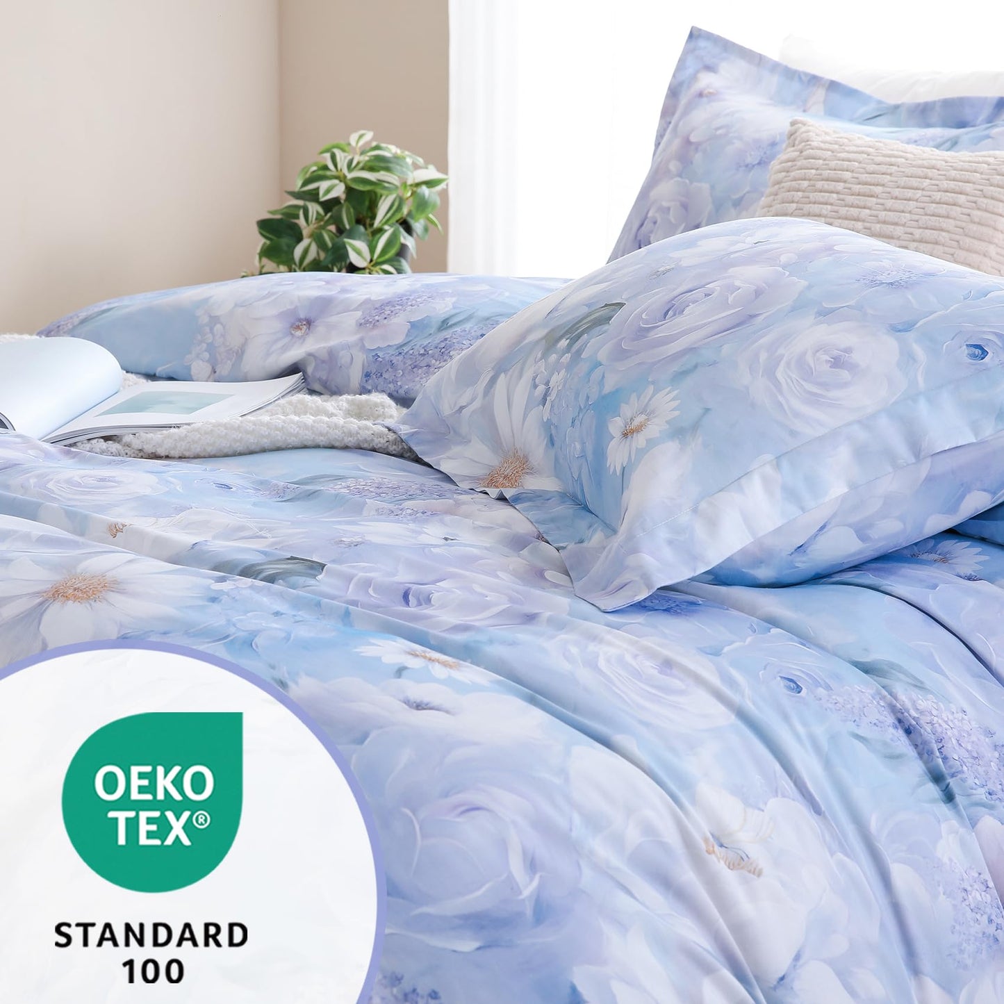 Ocharo Floral 100% Cotton Duvet Cover King Size,Reversible Blue White Daisy Comforter Cover with Zipper Closure,Soft 3 Pieces Luxury Cotton Bedding Sets with 2 Pillow Shams (20"x36")