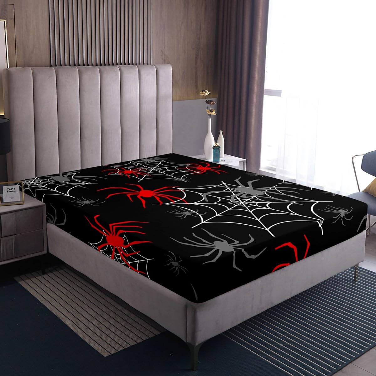 Red Black White Cobweb Fitted Sheet Full Size, Scary Halloween Decorations Bed Sheet Set Scary Spider Bedding Set Kids Toddler Red Black Gray Animal Bed Cover (2 Pillow Cases and a Fitted Sheet)