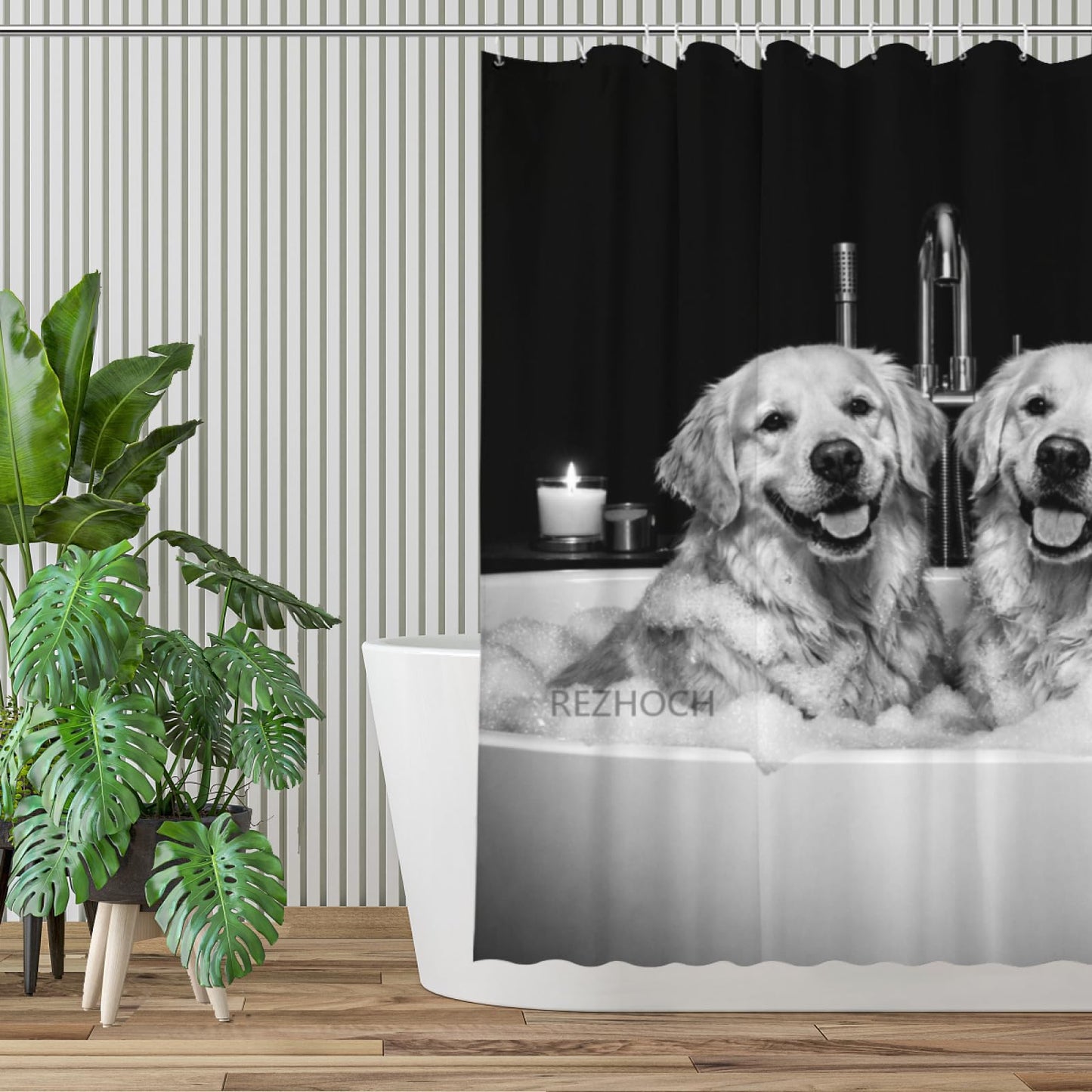 REZHOCH Funny Golden Retriever Dog Shower Curtain 72x72 Inch Black and White Luxury Home Bathroom Decor,Cute Animals in Bathtub Modern Minimalist Pure Black Background Farmhouse Bath Set