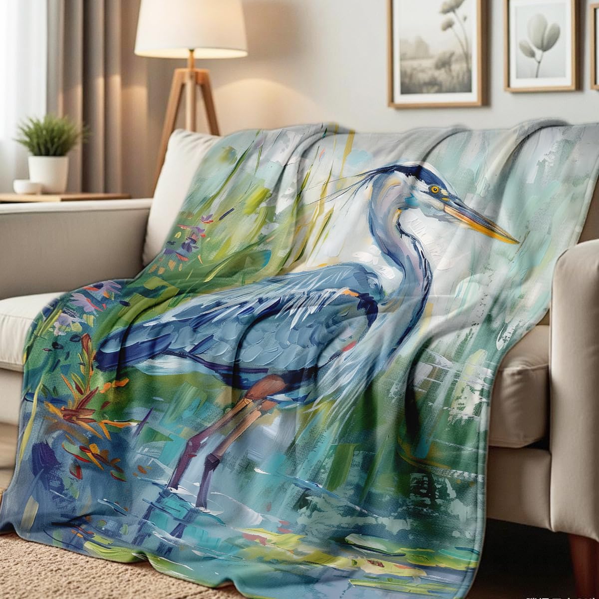 HUNXIAOJ Heron Print Blanket Blue Heron Throw Blanket Sea Birds Flannel Throw for Bed Couch Home Decor Heron Gifts (49"x59")