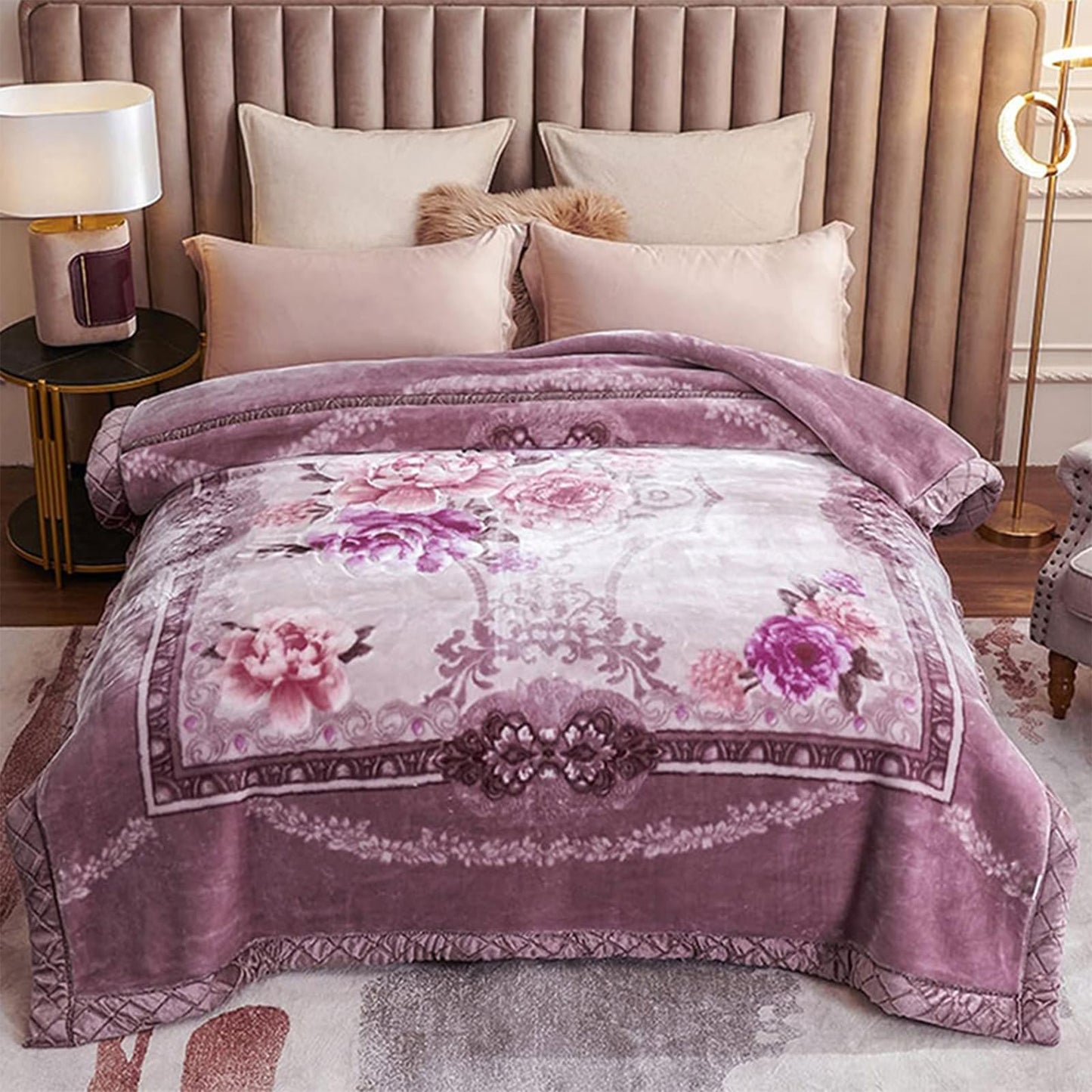 MODUSKYE Mink Blankets, Korean Heavy Fleece Plush 78x90 inch 2 Ply Mink Thick Blankets with Iris Flowers 7.7 lbs Queen Size Soft Raschel Blanket for Autumn Winter (Purple)