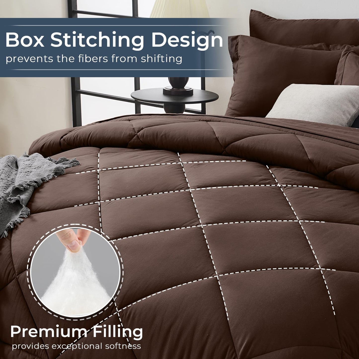 HEVUMYI Brown Queen Comforter Set - 7-Piece All Season Bed in a Bag Queen, Ultra Soft Bedding Set with Comforter, Flat Sheet, Fitted Sheet, Pillowcases, Pillow Shams