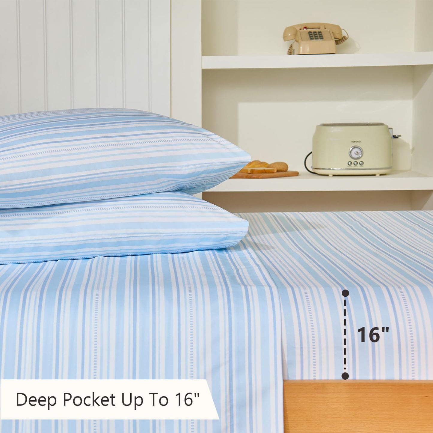 MCO 4Pieces Striped Sheets Set, Breathable King Sheet Set with 16" Deep Pocket,Modern & Luxury, Brushed Microfiber Bedding Set(King, Blue)