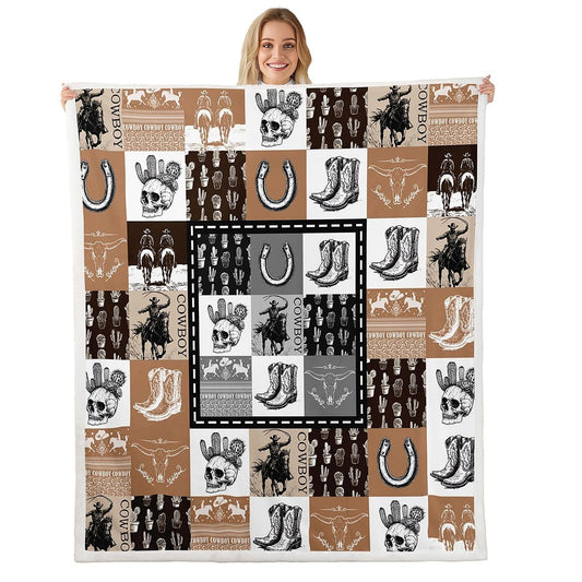 Erosebridal Western Cowboy Fleece Blanket Twin Size, Bull Skull Horse Sherpa Blanket, Bohemian Southwestern Fuzzy Plush Throw, Horseshoe Rustic Farmhouse Geometric Grid Patchwork Decor for Bed Couch