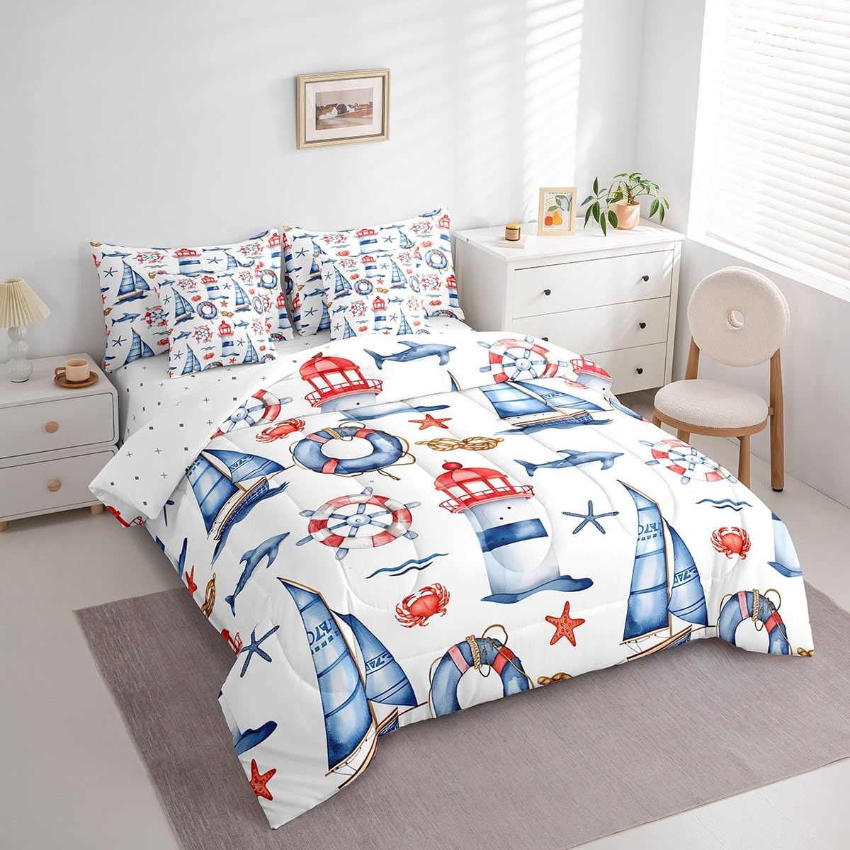 Erosebridal Lighthouse Comforter Set 7 Piece Bed in a Bag Twin,Nautical Rope Knot Bedding Sets Ocean Sailboat Steering Wheel Crab Lifebuoy Whale Sheet Set with Comforter