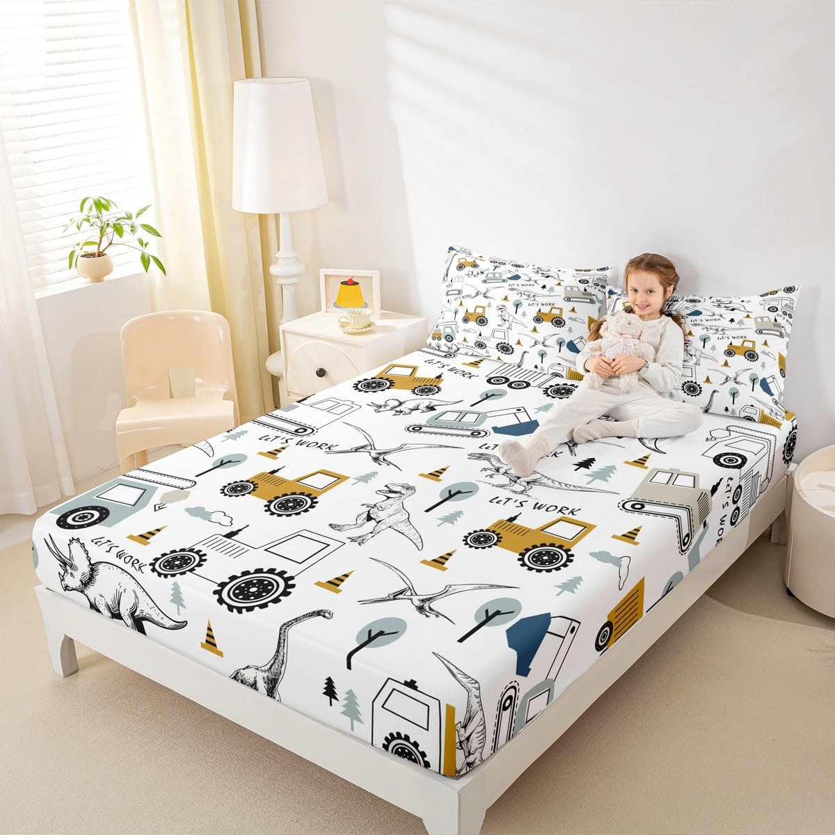 Construction Sheet Set Full Size Kids Cartoon Car Excavator Tractor Toddler Sheets with Deep Pocket Fitted Sheet Equipment Trucks Dinosaur Bed Sheets Set Construction Vehicles White Yellow Bedding Set
