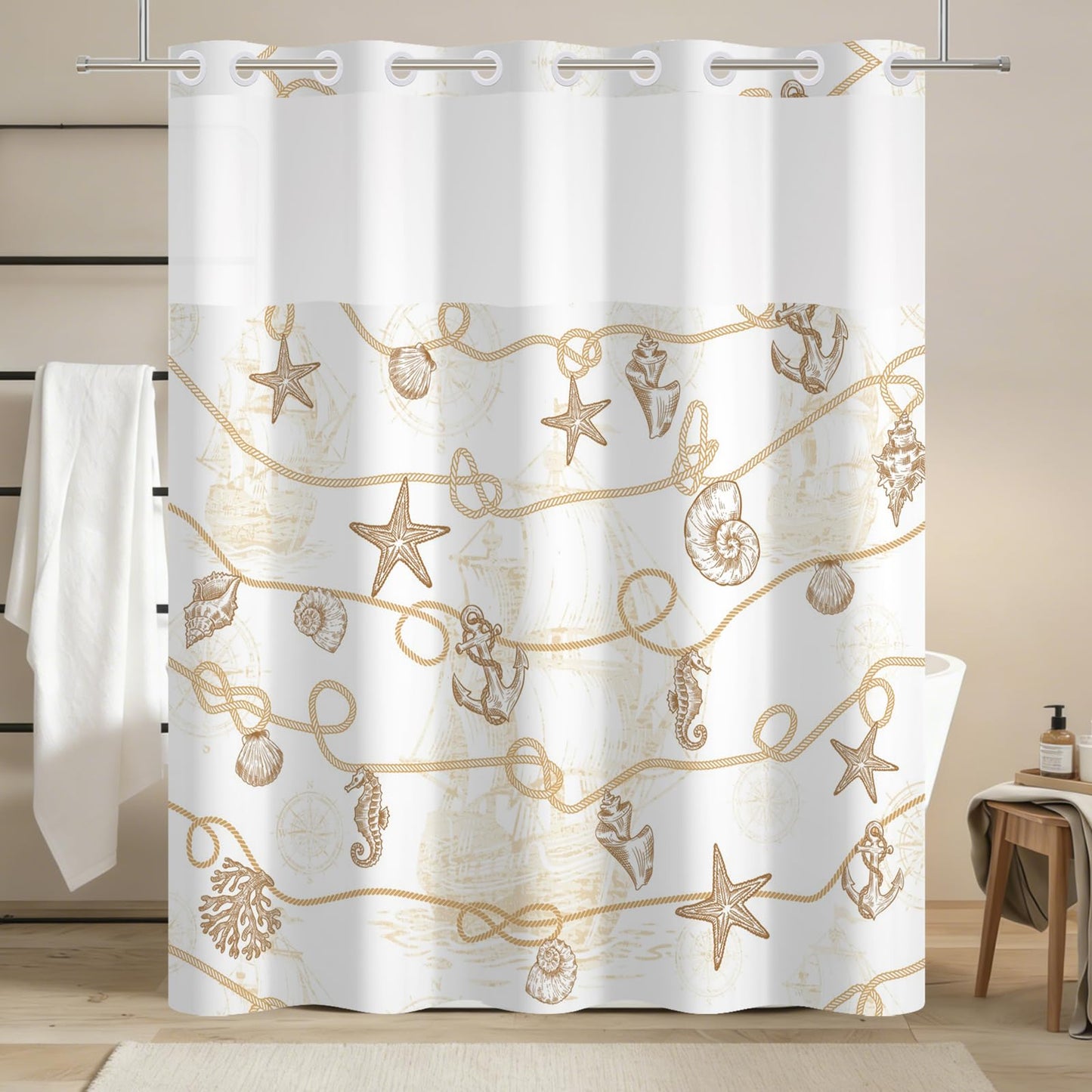 Xiazhilaio No Hook Ocean Shower Curtain with Snap in Liner 71W x 74H