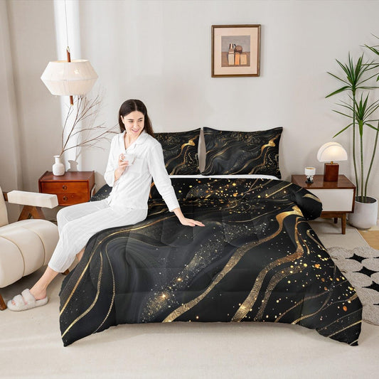Erosebridal Marble Texture Comforter Set King Size Black Gold Bedding Set for Children Boys Girls Shiny Glitter Modern Aesthetic Stone Comforter Watercolor Luxury Marbling Quicksand Quilt