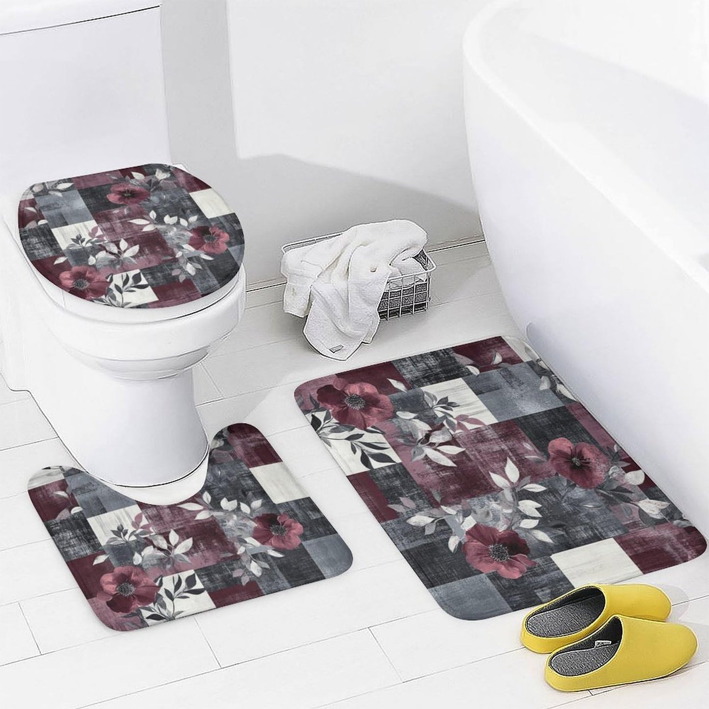 DIPQIMI 4Pcs Retro Flower Plant Shower Curtain Sets with Rugs, Toilet Lid Cover and Bath Mat, Red Grey Patchwork Bathroom Shower Curtains Set with 12 Hooks